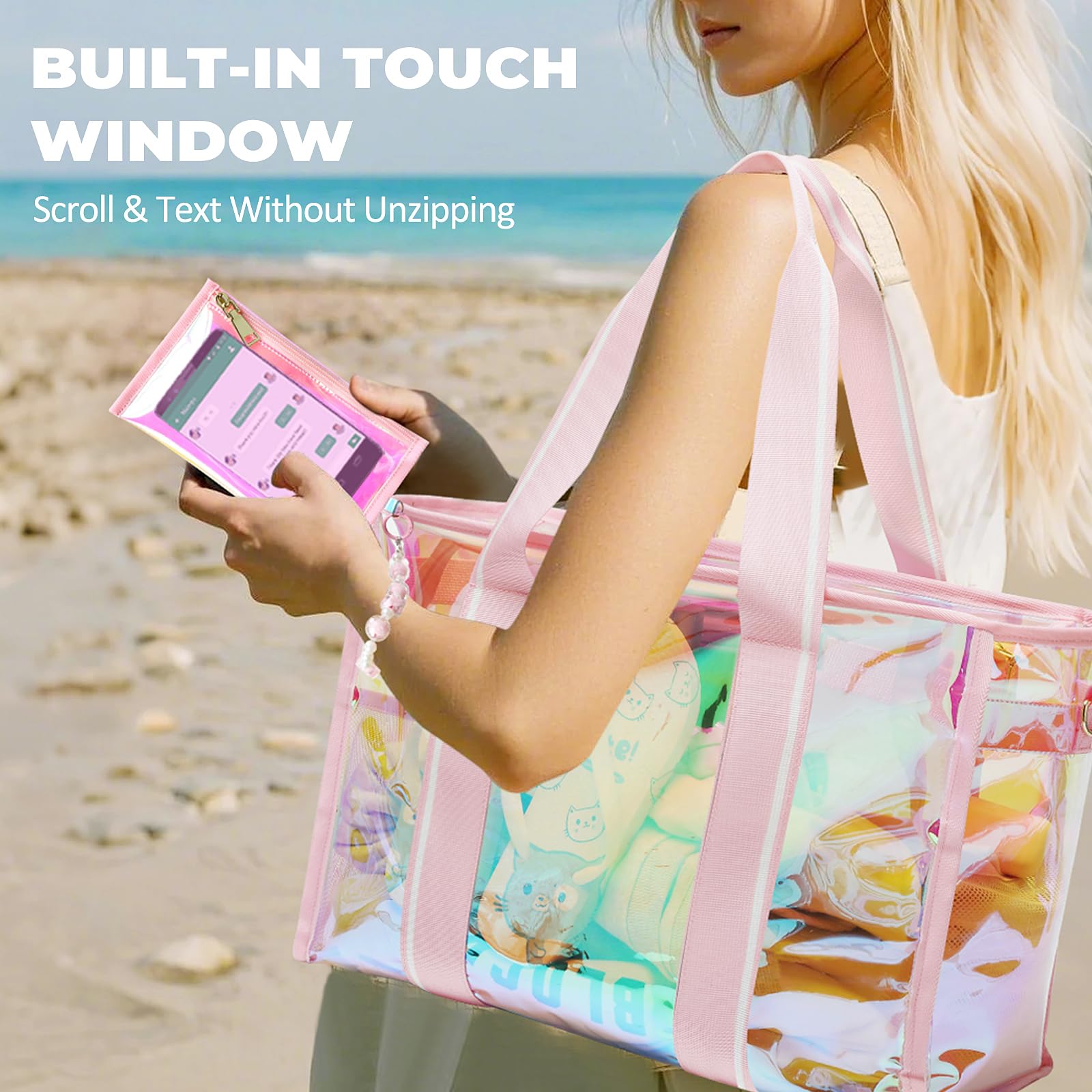 Large Beach Tote Bags for Women - 26L Waterproof Iridescent Clear Tote Bag with Tip-Proof Design | Perfect for Beach, Pool, Gym & Travel Accessories
