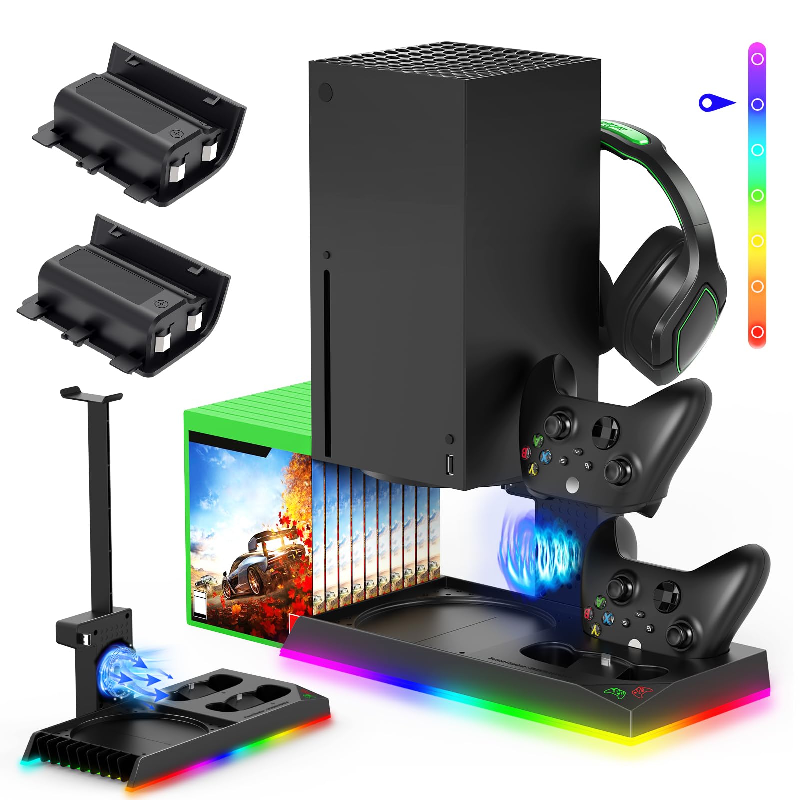 Upgraded Xbox Series X Stand with Cooling Fan & RGB Lights - Charging Station, Controller Dock, Game Storage Rack & Headset Stand - Includes 2X1400mAh Rechargeable Batteries - Perfect for Gaming Setup & Console Organization