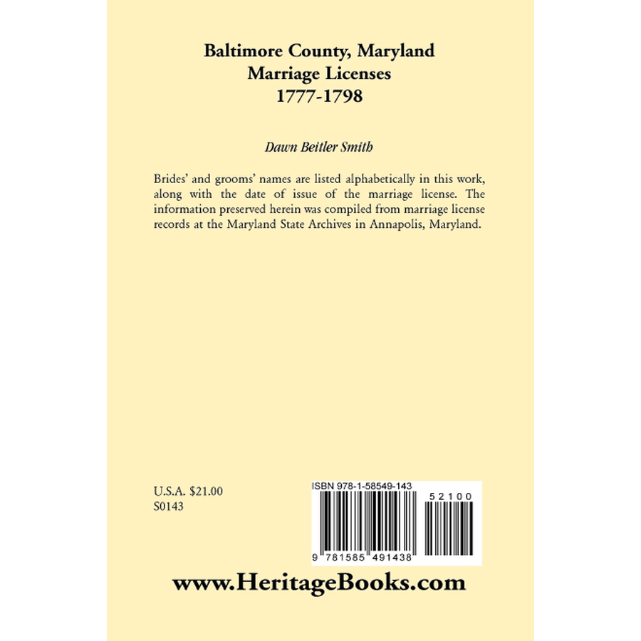 Baltimore County Maryland Marriage Licenses 1777-1798 - Genealogy Records for Family History Research & Ancestry Documentation