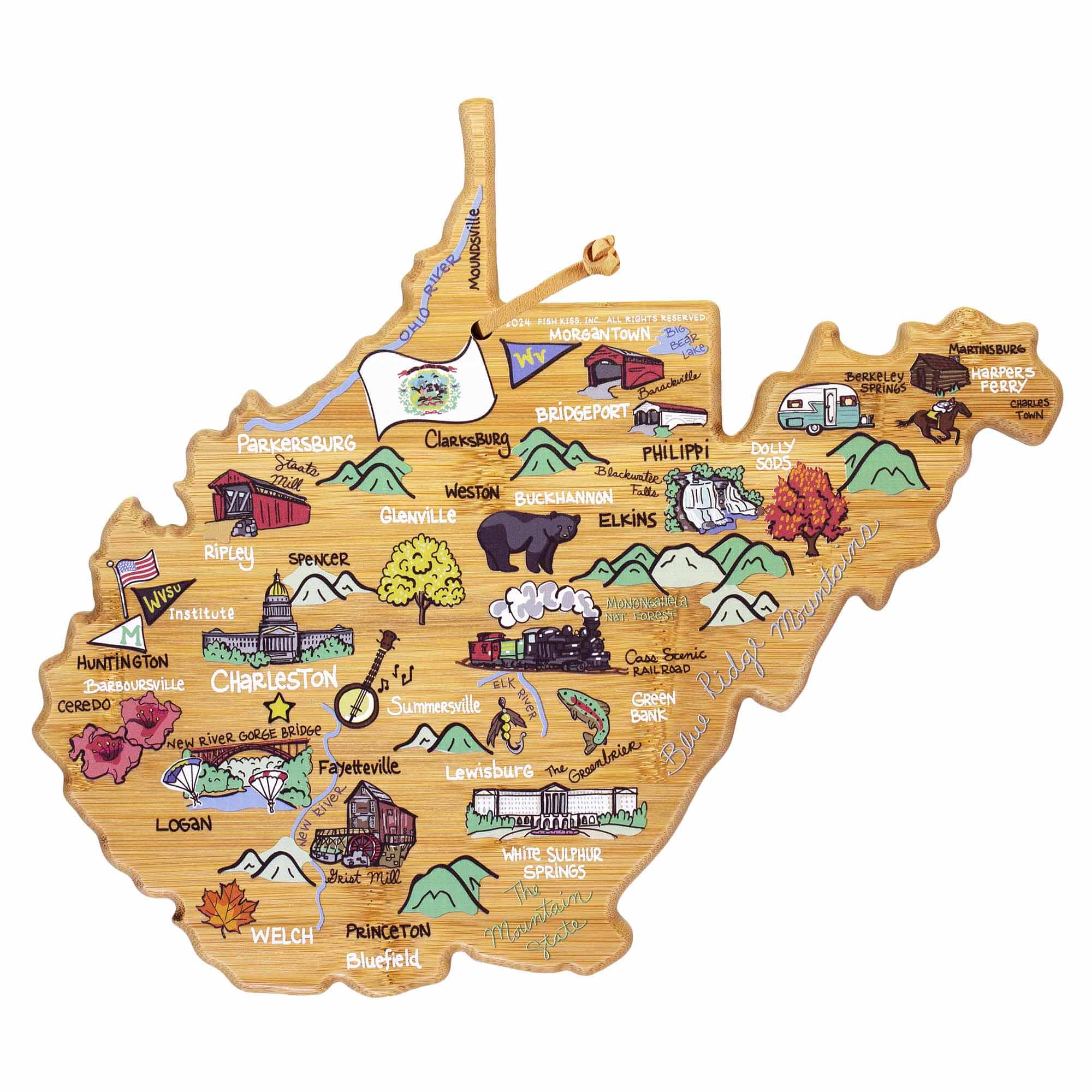 Premium West Virginia Wooden Cutting Board with Fish Kiss™ Artwork - Durable Kitchen Essential for Chopping, Serving & Decor - Perfect for Home Chefs & Gift Giving