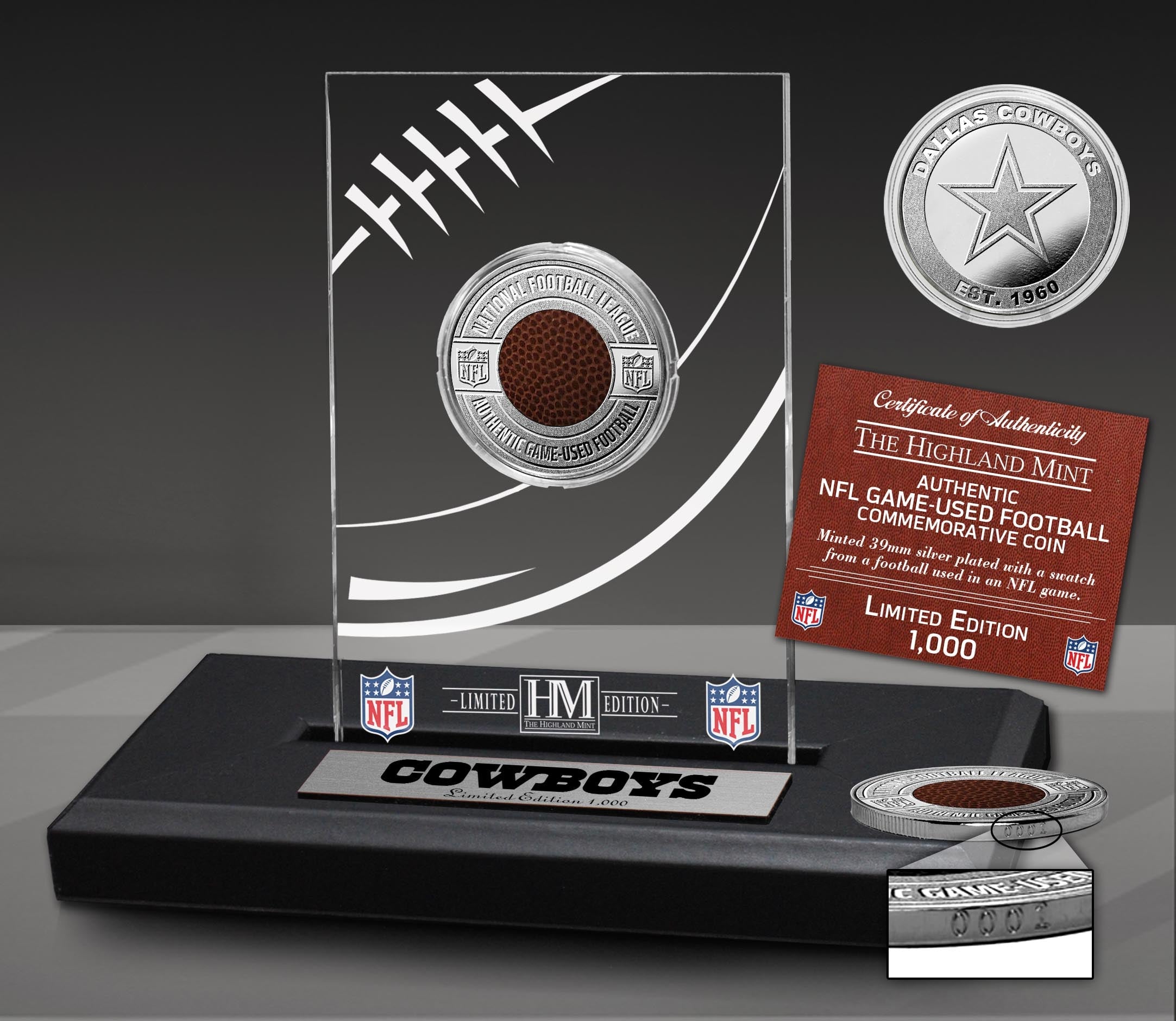 Dallas Cowboys NFL Game Used Football Silver Plated Commemorative Coin - Collectible Sports Memorabilia for Fans & Display Case Included - Perfect for Man Cave, Sports Bar Decor, or Gift for Football Lovers