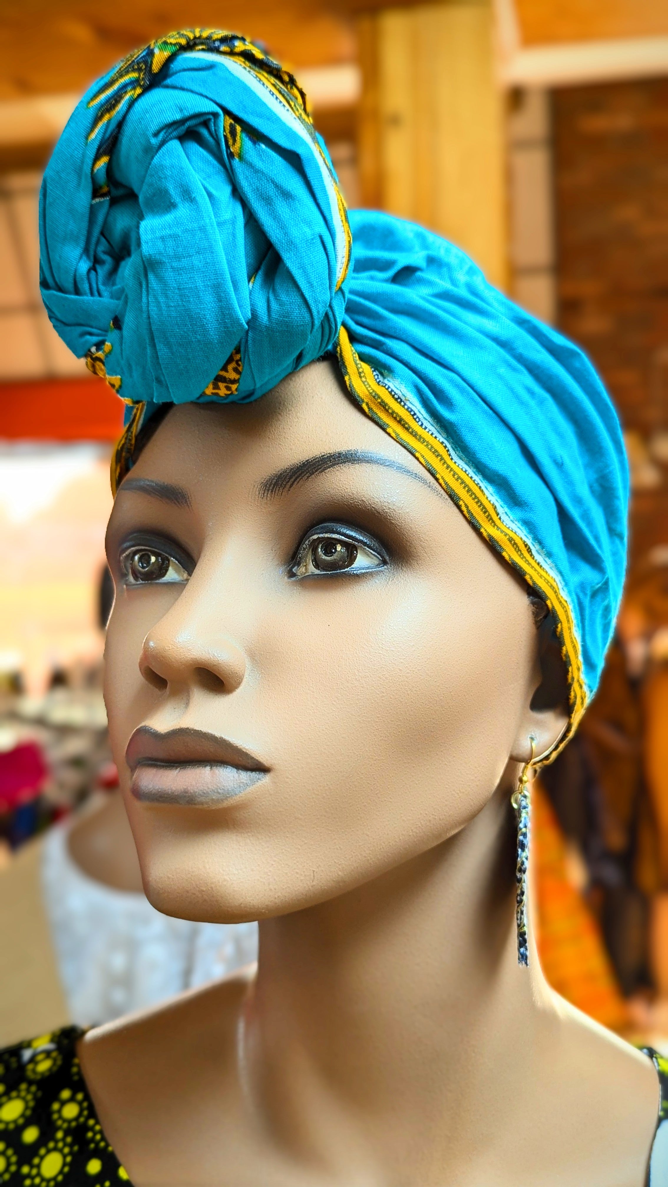 Dupsie's Akira Turquoise Blue Cotton Dashiki Print Pre-Tied Head Wrap Hat DP3769PT8 - Stylish Headwear for Women, African Fashion Accessory, Perfect for Parties, Weddings & Cultural Events