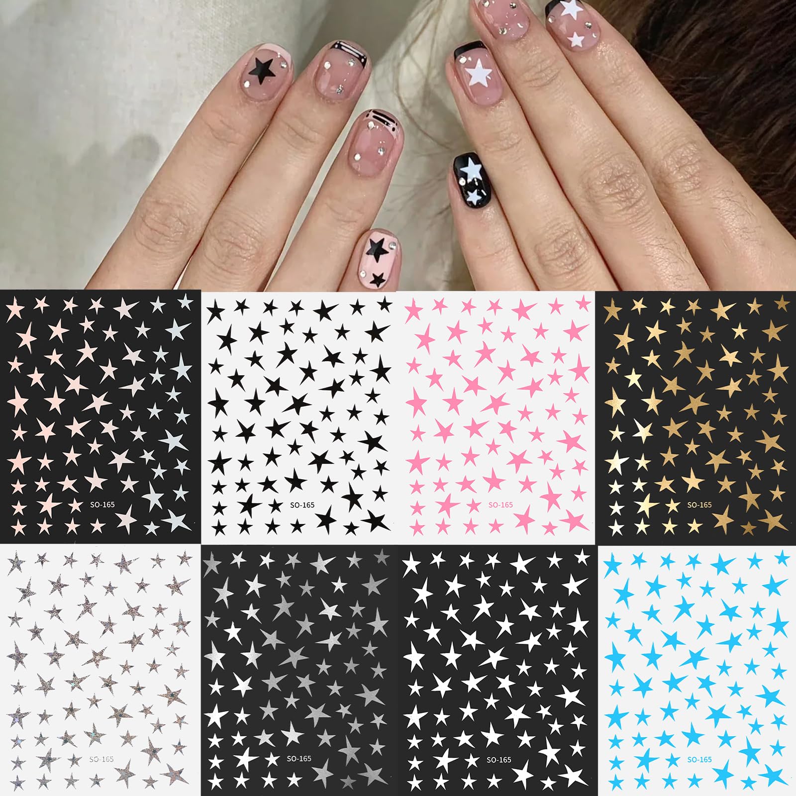 8 Sheets Star Nail Art Stickers - 3D Shiny Glitter Nail Decals & Charms for DIY Manicure | Self-Adhesive Nail Supplies for Women | Perfect for Parties, Holidays & Nail Salon Decorations