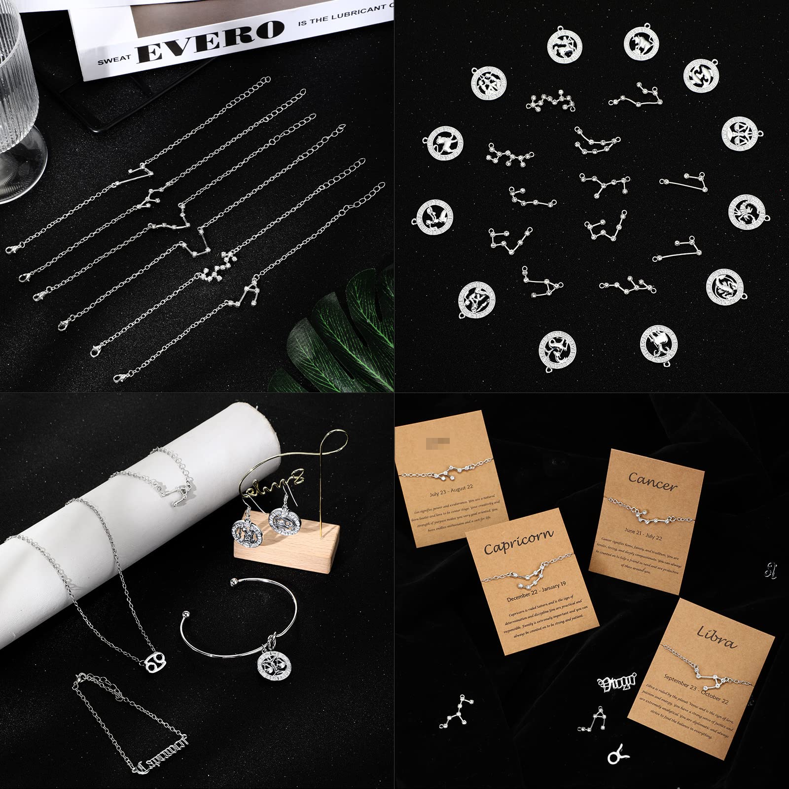 Hicarer 48-Piece Zodiac Charms for Jewelry Making - 4 Styles Diamond Alphabet Alloy Pendants, 12 Horoscope Sign Charms with 24 Cards - Perfect for DIY Necklaces, Bracelets, and Personalized Gifts