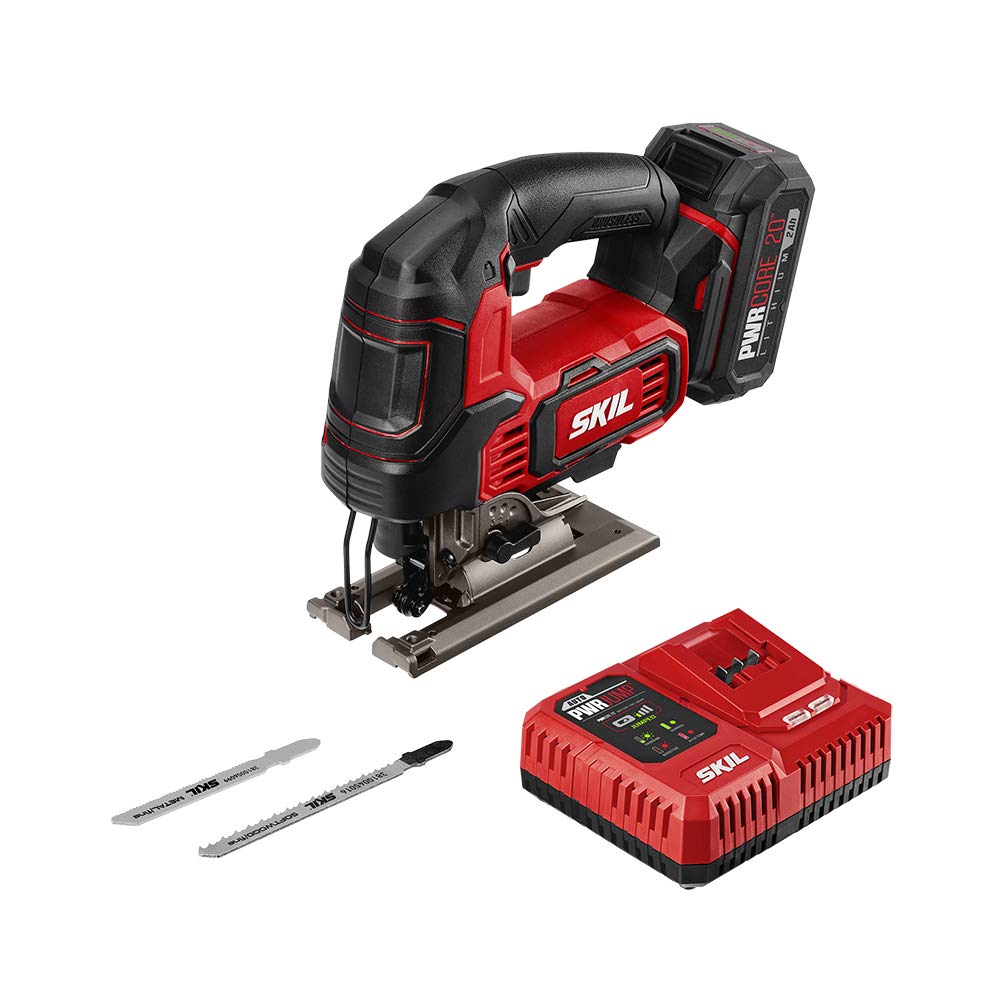 SKIL PWR CORE 20 Brushless 20V Cordless Jigsaw with 1-Inch Stroke - Includes 2.0Ah Lithium Battery, PWR ASSIST USB & PWR JUMP Charger - Perfect for Woodworking, DIY Projects & Home Renovations