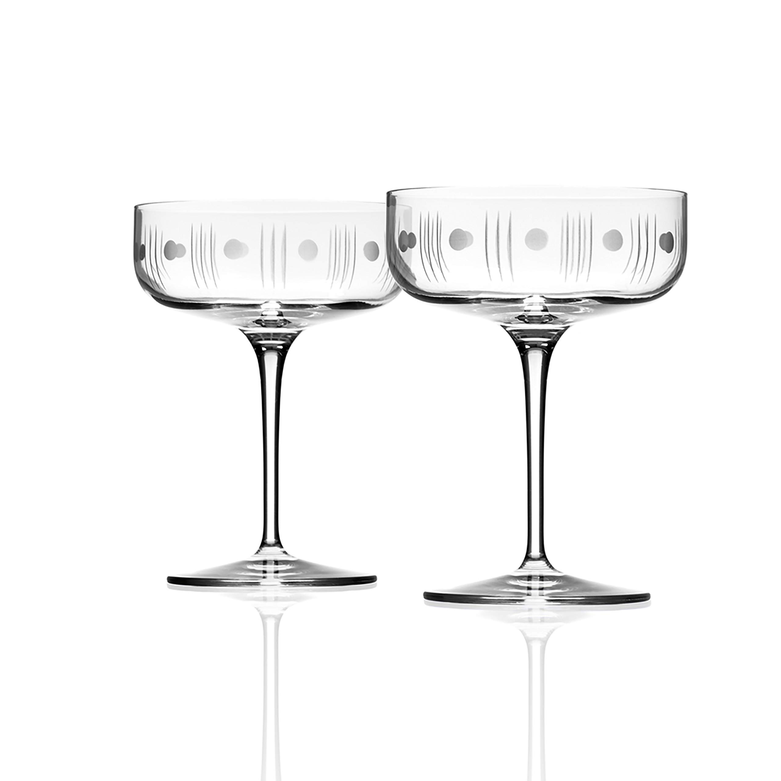 Vintage Rolf Glass Mid-Century Modern Champagne Coupe Glasses - Set of 2 Lead-Free 10.25oz Engraved Cocktail Glasses - Handcrafted in USA - Perfect for Champagne, Cocktails & Elegant Dinner Parties