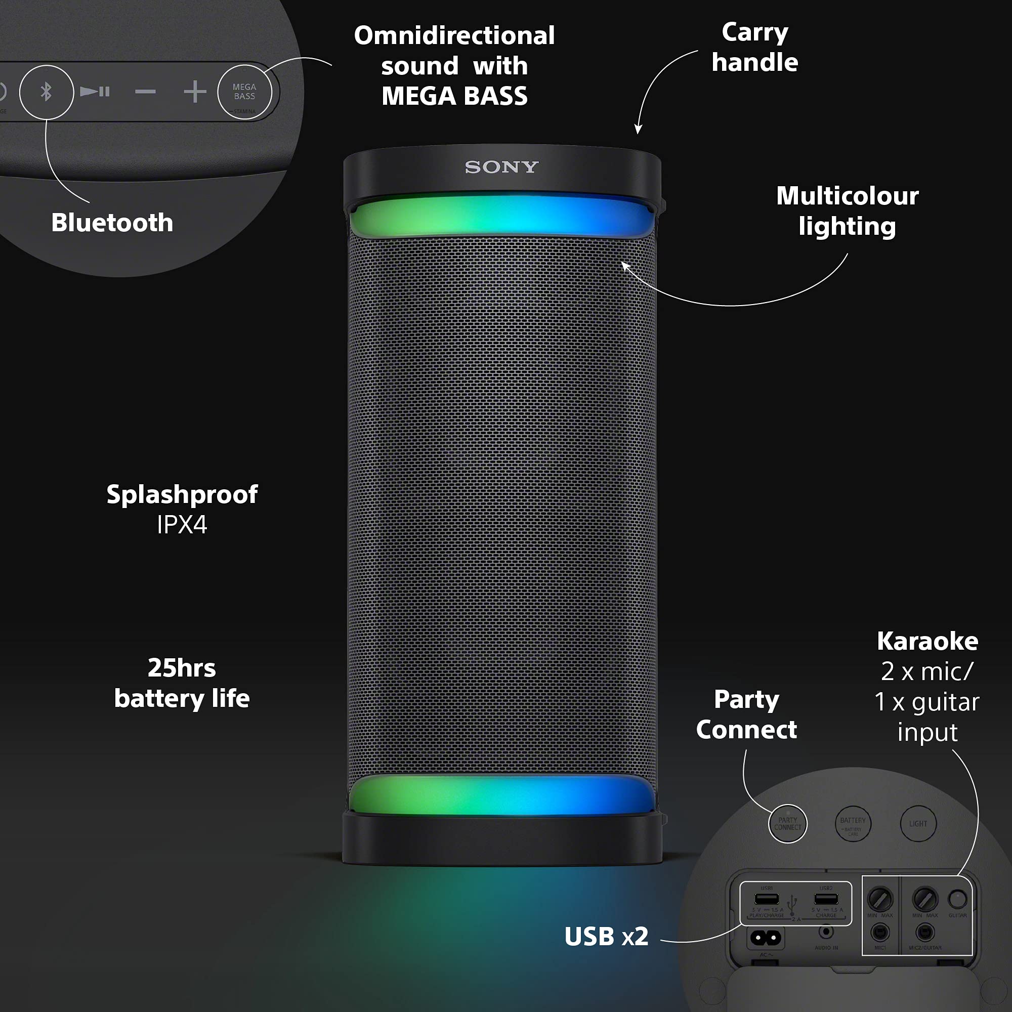 Sony SRS-XP700 Powerful Bluetooth Party Speaker - Omnidirectional Sound, LED Lighting, 25-Hour Battery Life, Portable for Outdoor & Indoor Events - Black