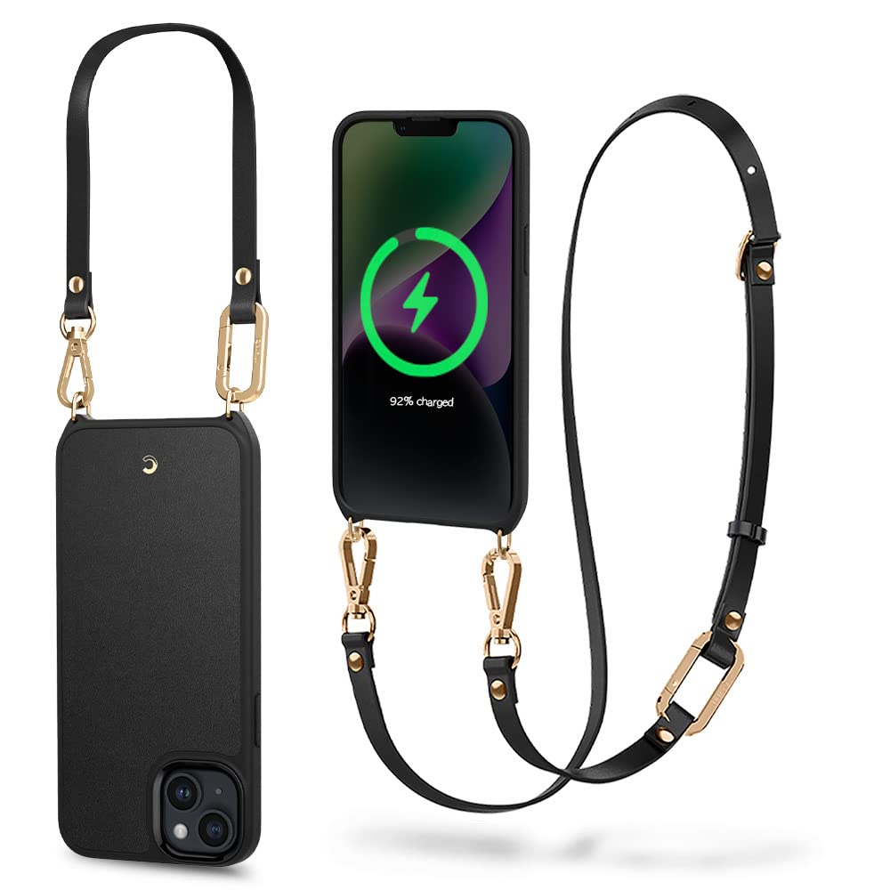 CYRILL Classic Charm Mag Compatible with iPhone 14 Plus Magsafe (2022) - Premium Vegan Leather Crossbody Case with Strap for Women - Black | Perfect for Daily Use, Travel & Hands-Free Convenience