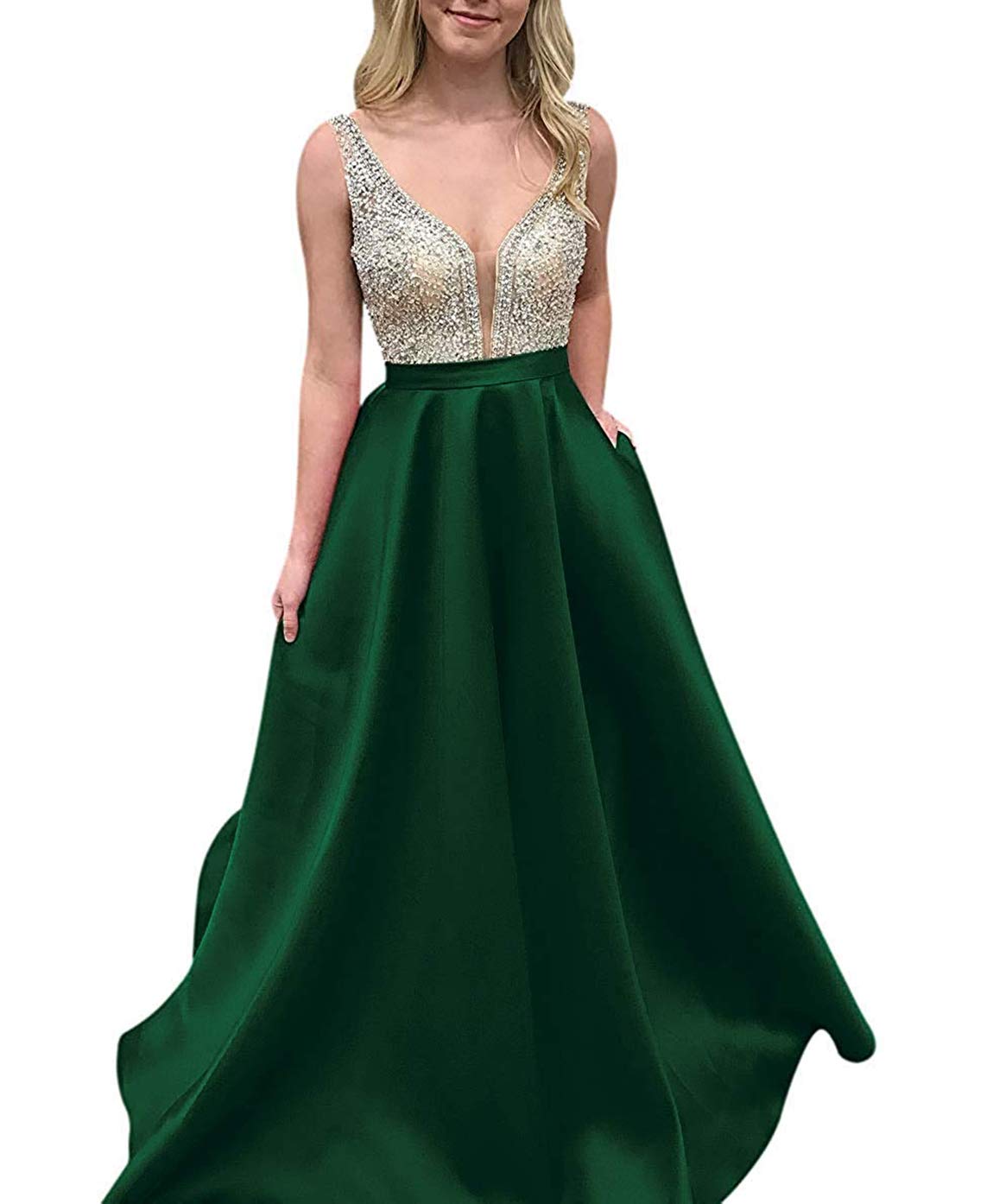 Elegant V-Neck Long Satin Prom Dress with Pockets for Women - Perfect for Evening Parties, Ball Gowns, and Formal Occasions