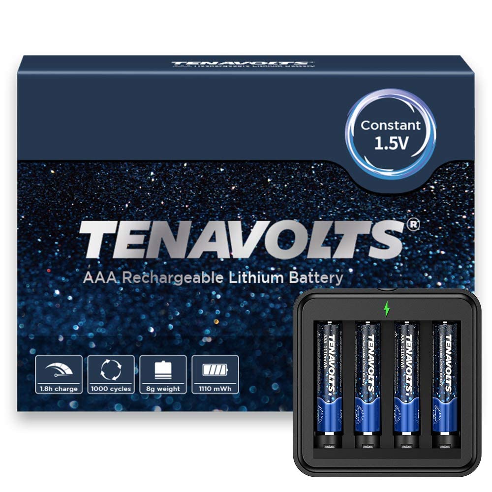 TENAVOLTS 1.5V AAA Lithium Rechargeable Batteries 4-Pack with USB Charger - 1.8H Fast Charging, Constant 1.5V Output, 1110mWh High Capacity - Perfect for Digital Cameras, Wireless Mice, and Smart Home Devices
