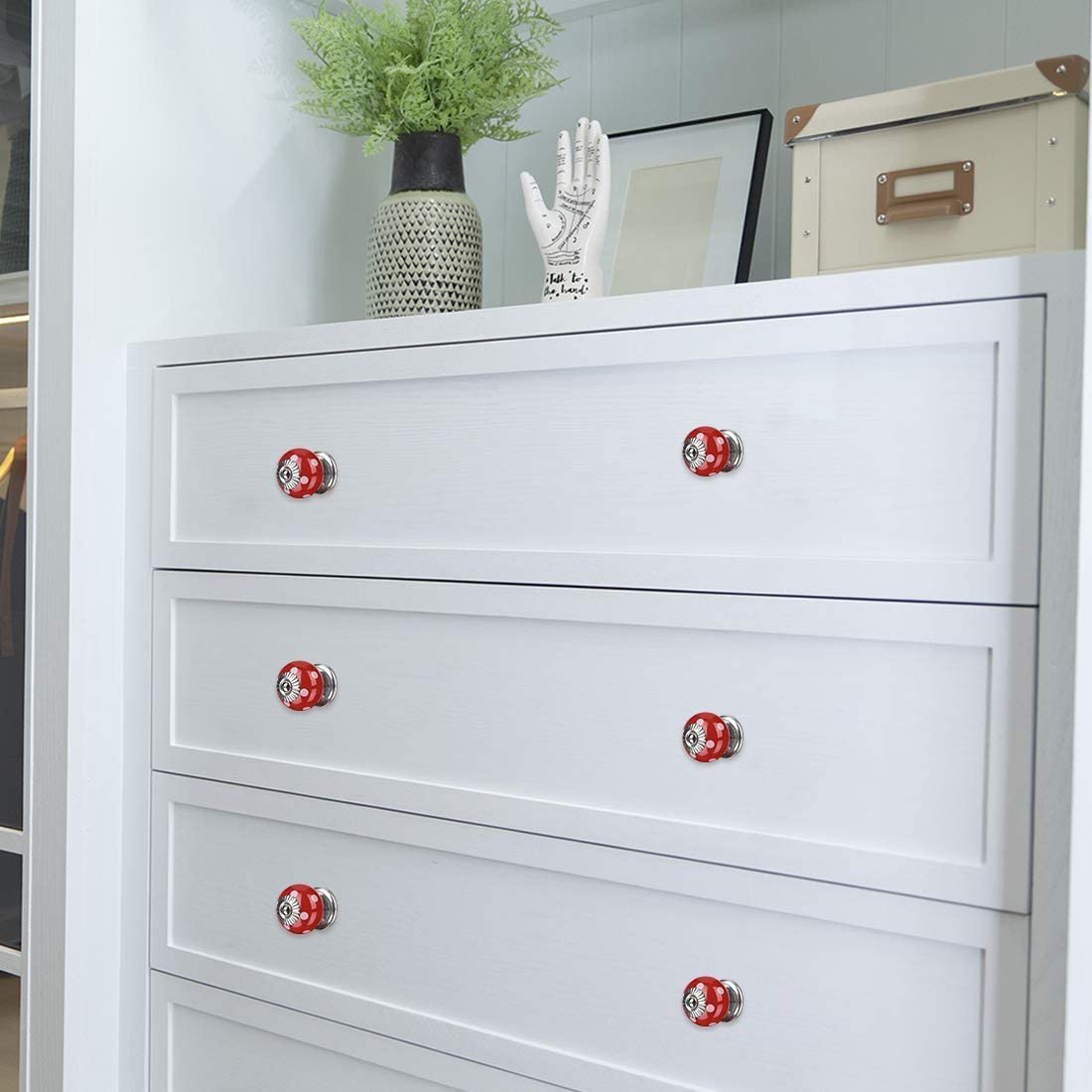 Ceramic Drawer Knobs 4pcs - Red Round Pull Handles for Cabinet & Wardrobe - Home Decor Upgrade