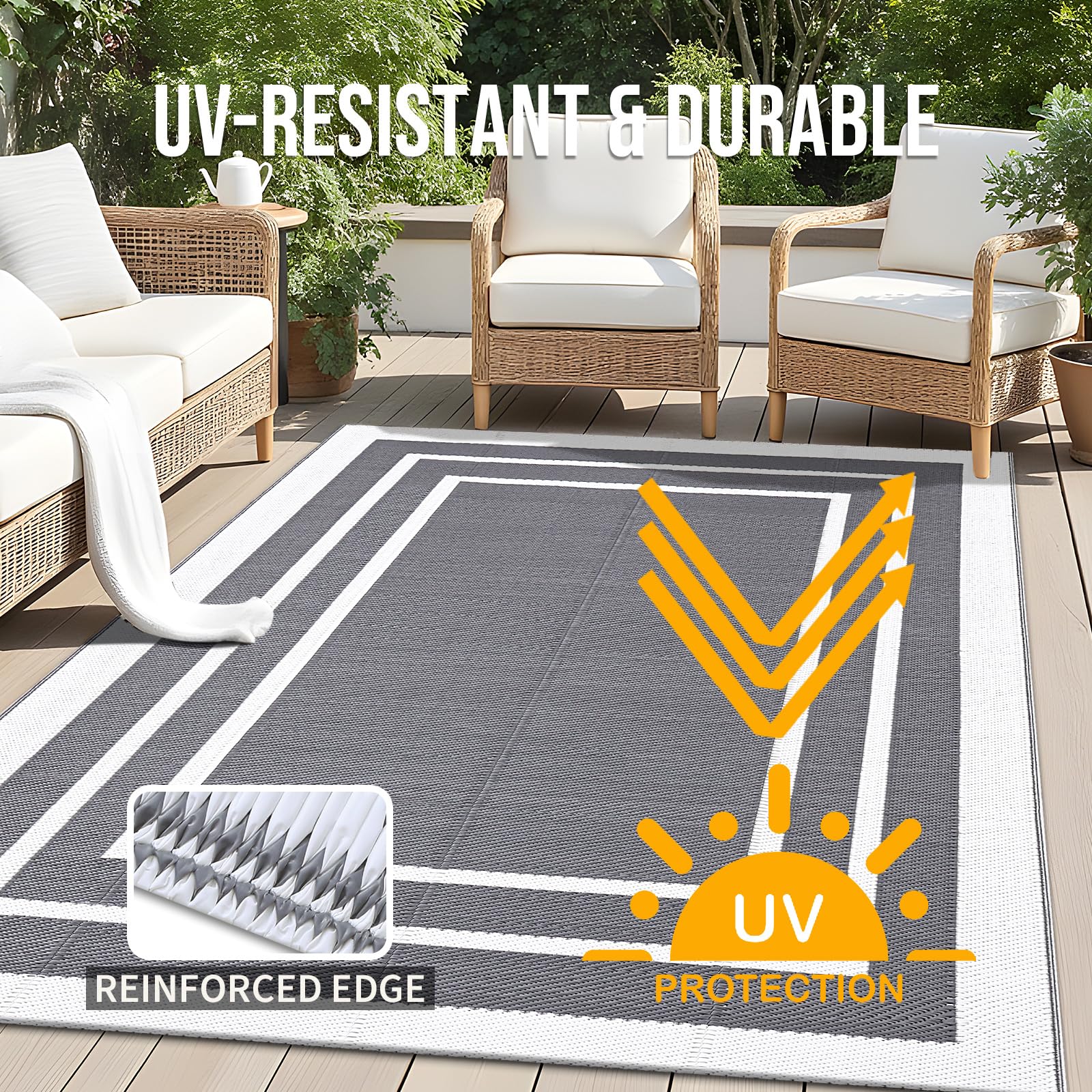 OLANLY 5x8 ft Waterproof Reversible Outdoor Plastic Straw Rug - Durable RV Mat for Patio, Camping, Balcony & Deck - Indoor/Outdoor Carpet in Grey & White | Perfect for Backyard, Picnics & Beach Trips