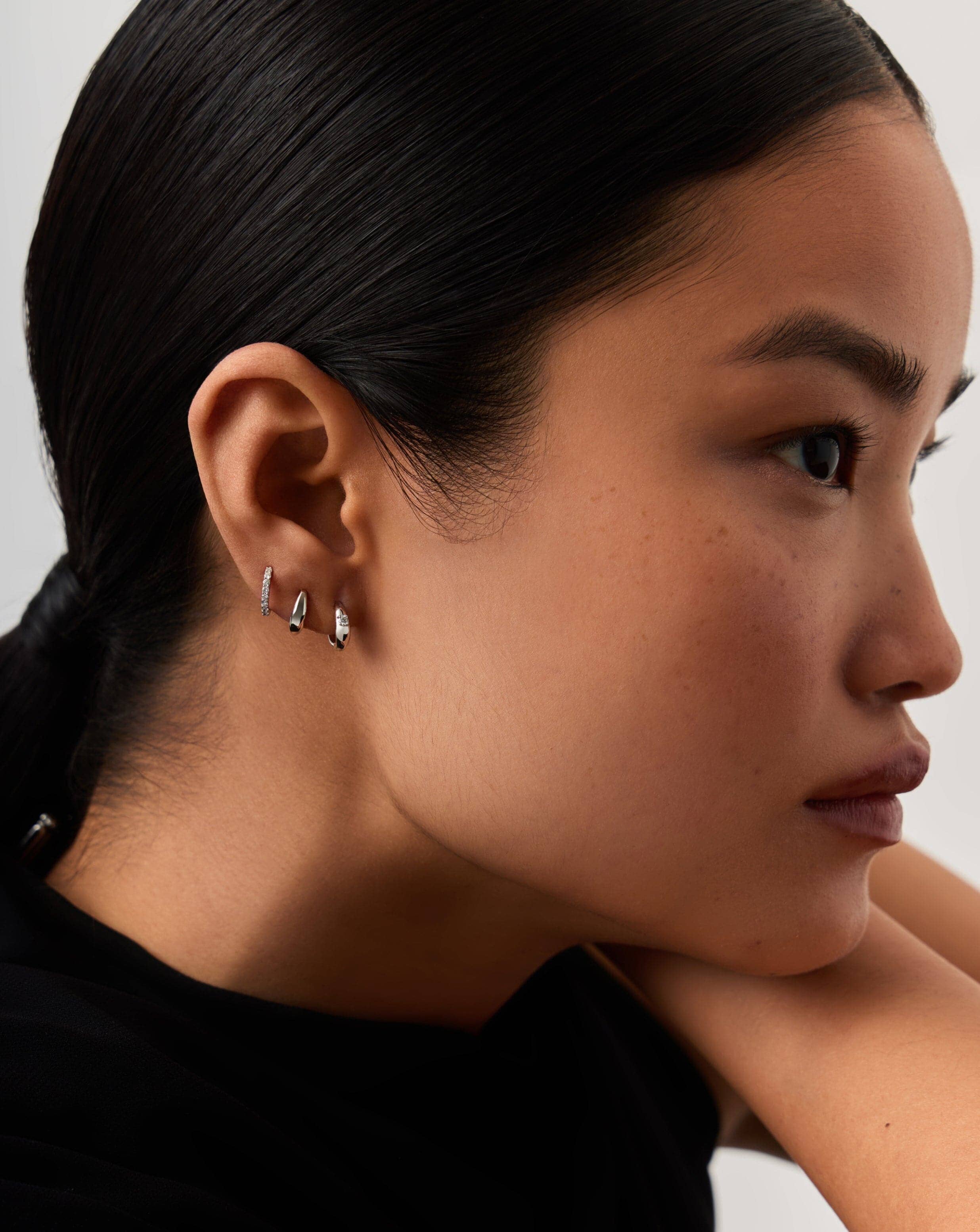 14K Solid White Gold Diamond Huggie Hoop Earrings for Women - Minimalist Single Diamond Dome Studs - Perfect for Everyday Wear, Gifts & Special Occasions