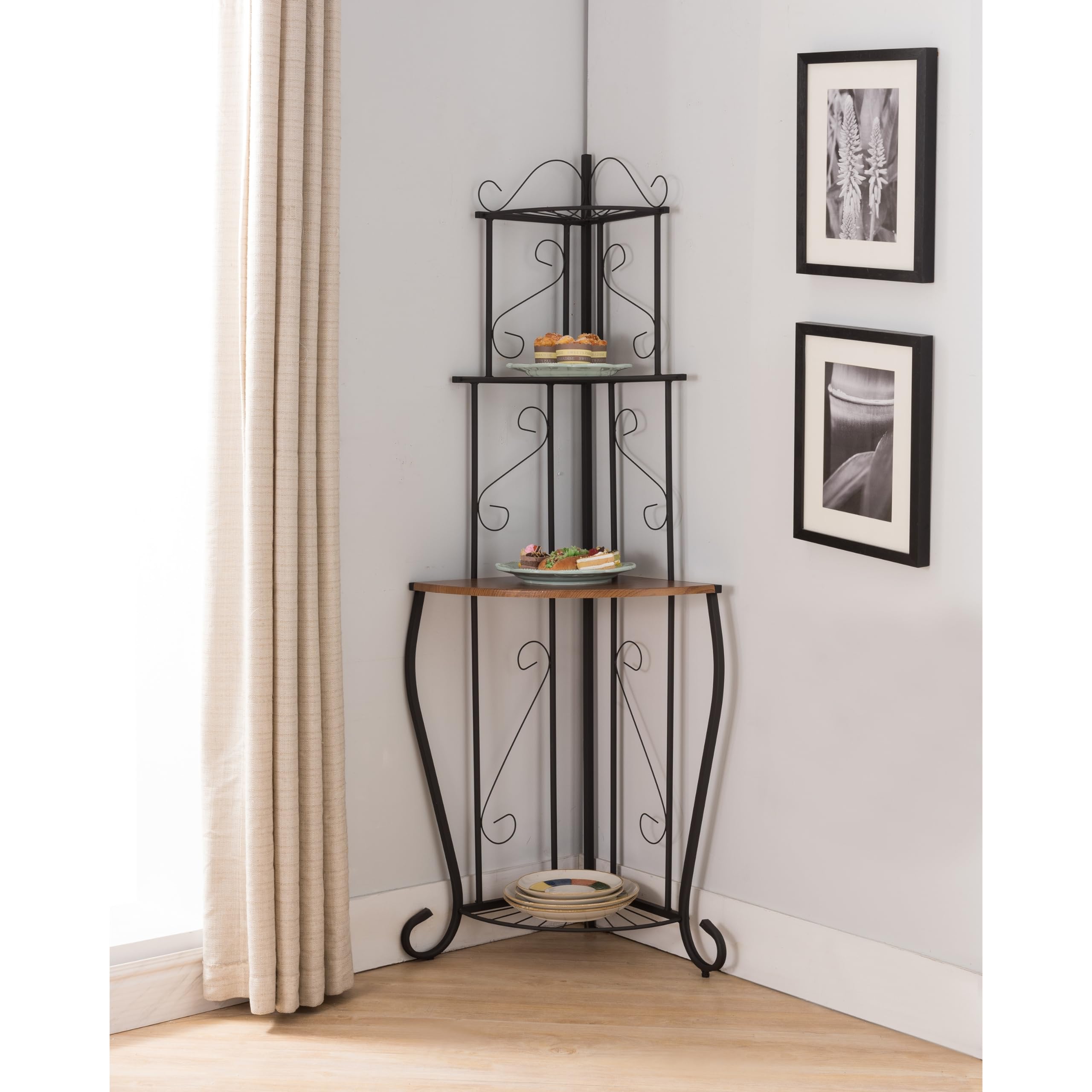 Sturdy Black Metal Tube Corner Kitchen Bakers Rack - Space-Saving Storage Shelf for Small Kitchens, Pantry Organization & Baking Supplies
