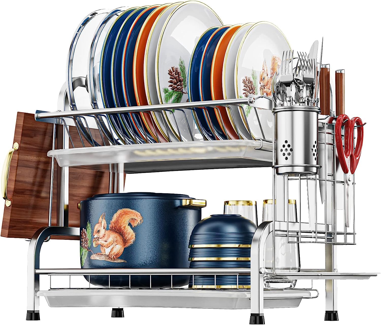 Kesig® 2-Tier Stainless Steel Dish Drying Rack with Drain Board - Space Saving Kitchen Countertop Organizer with Utensil Holder & Cutting Board Storage - Perfect for Small Apartments, RV Kitchens & Dish Drainer Needs (1-Pack)
