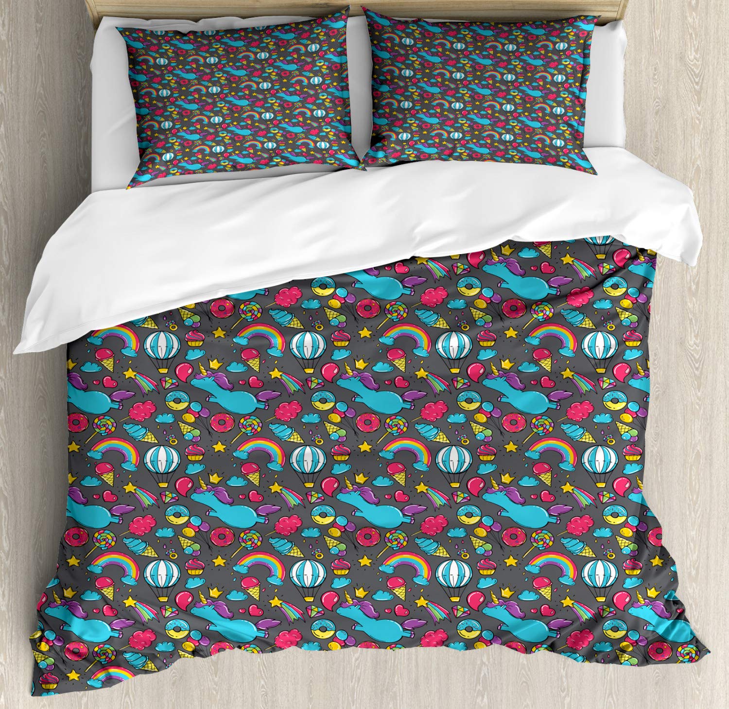 Fantasy Unicorn Balloons Candies Bagels Ice Cream Hearts Rainbows Cartoon Duvet Cover Set - 3 Piece Queen Size Bedding with 2 Pillow Shams - Colorful Kids Room Decor for Birthday Parties & Nursery Design