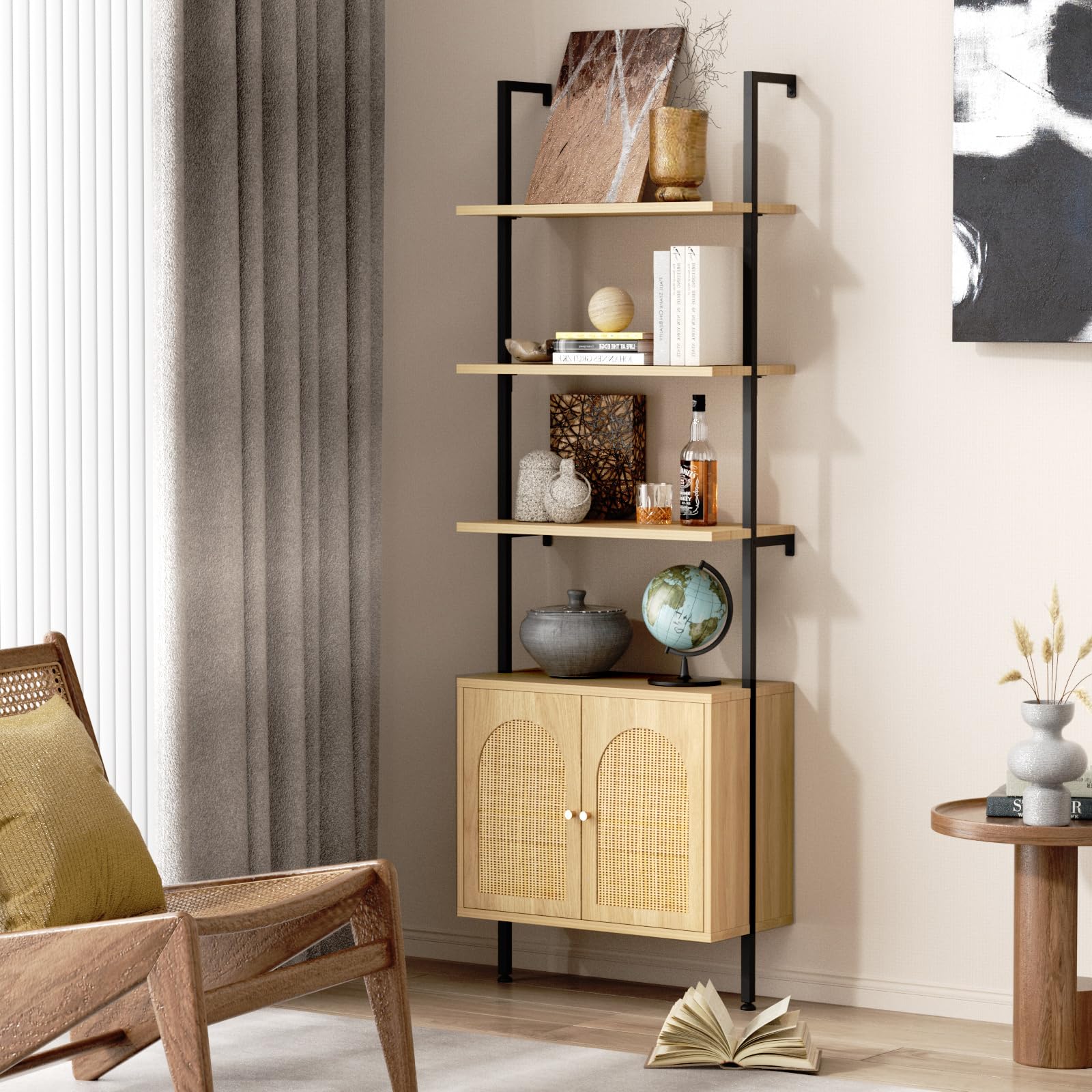 3-Tier Ladder Bookshelf with Rattan Cabinet - Space-Saving Storage for Home Office & Bedroom