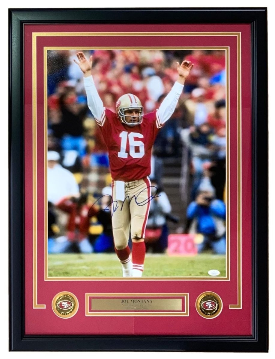 Joe Montana Autographed 16x20 Framed Photo - San Francisco 49ers Celebration Pose with JSA Certificate - Perfect for Sports Memorabilia Collections and Man Cave Decor