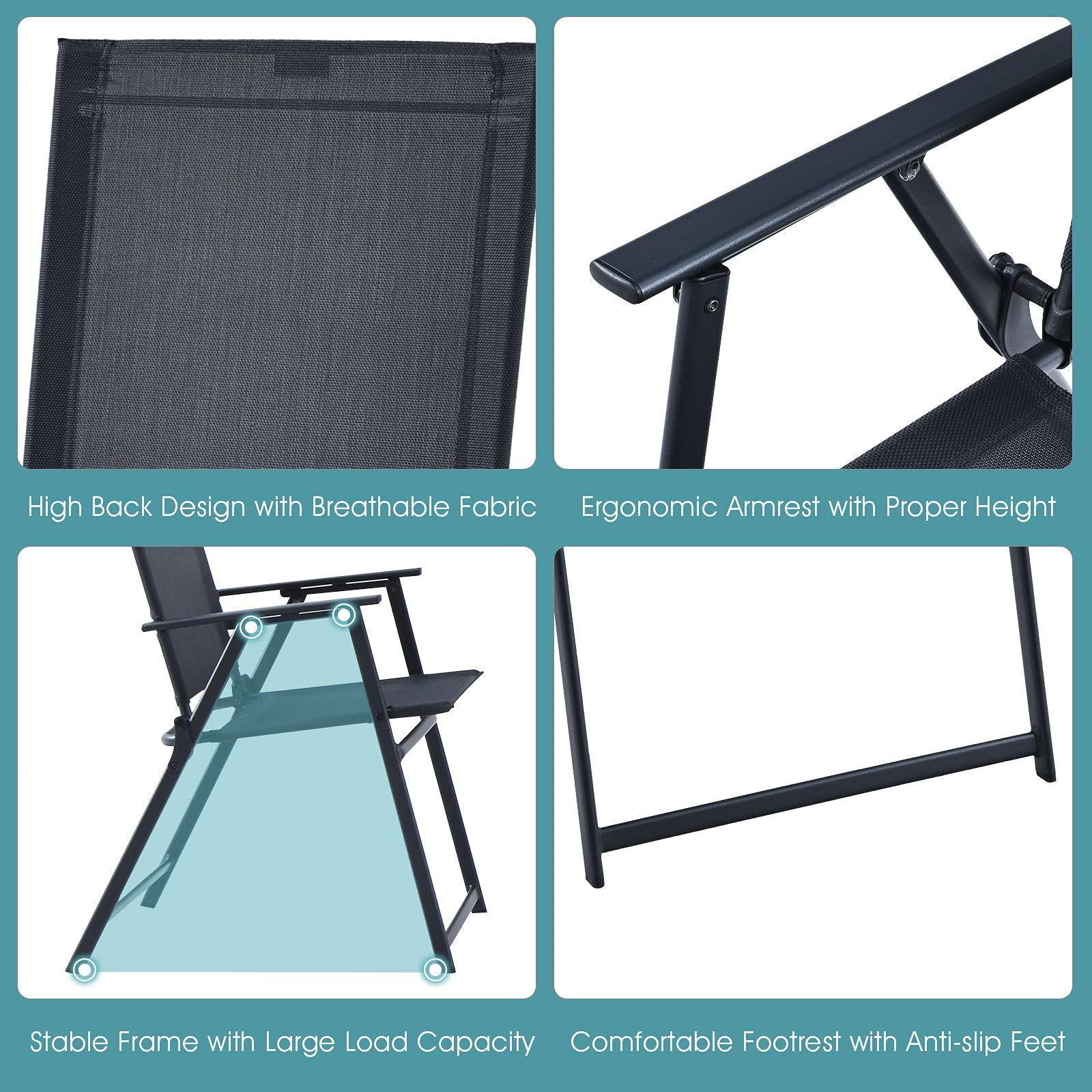 Tangkula 5-Piece Patio Dining Set - No Assembly Required Outdoor Furniture with 4 Armchairs & 1 Table, Folding Chair Set with 1.5