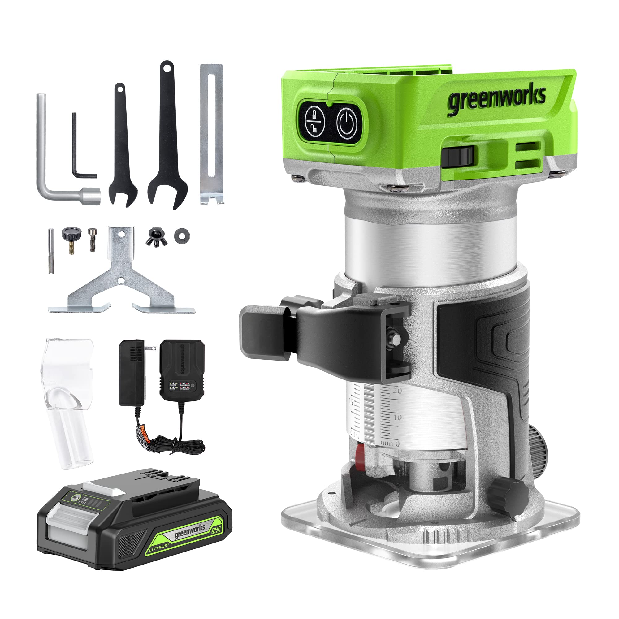 Greenworks 24V Brushless Compact Router with 2Ah Battery and Charger - Powerful Cordless Woodworking Tool for DIY Projects & Professional Carpentry