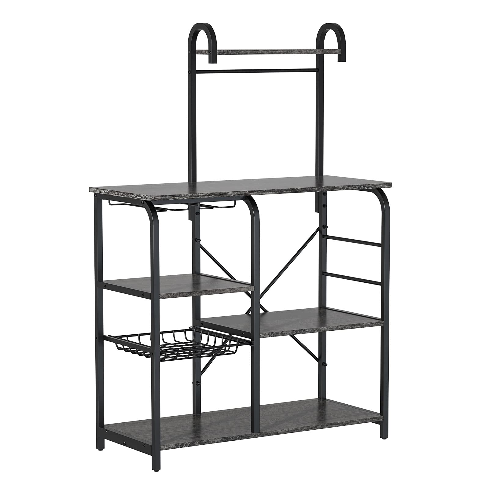 YUANJIE 6-Tier Kitchen Storage Rack with Pull-Out Mesh Basket & S-Hooks - Microwave Stand, Wine Organizer, Space-Saving Shelf Unit for Kitchen, Office, Bathroom - Durable Particle Board (Black) | Perfect for Small Spaces, Pantry Organization & Home Decor