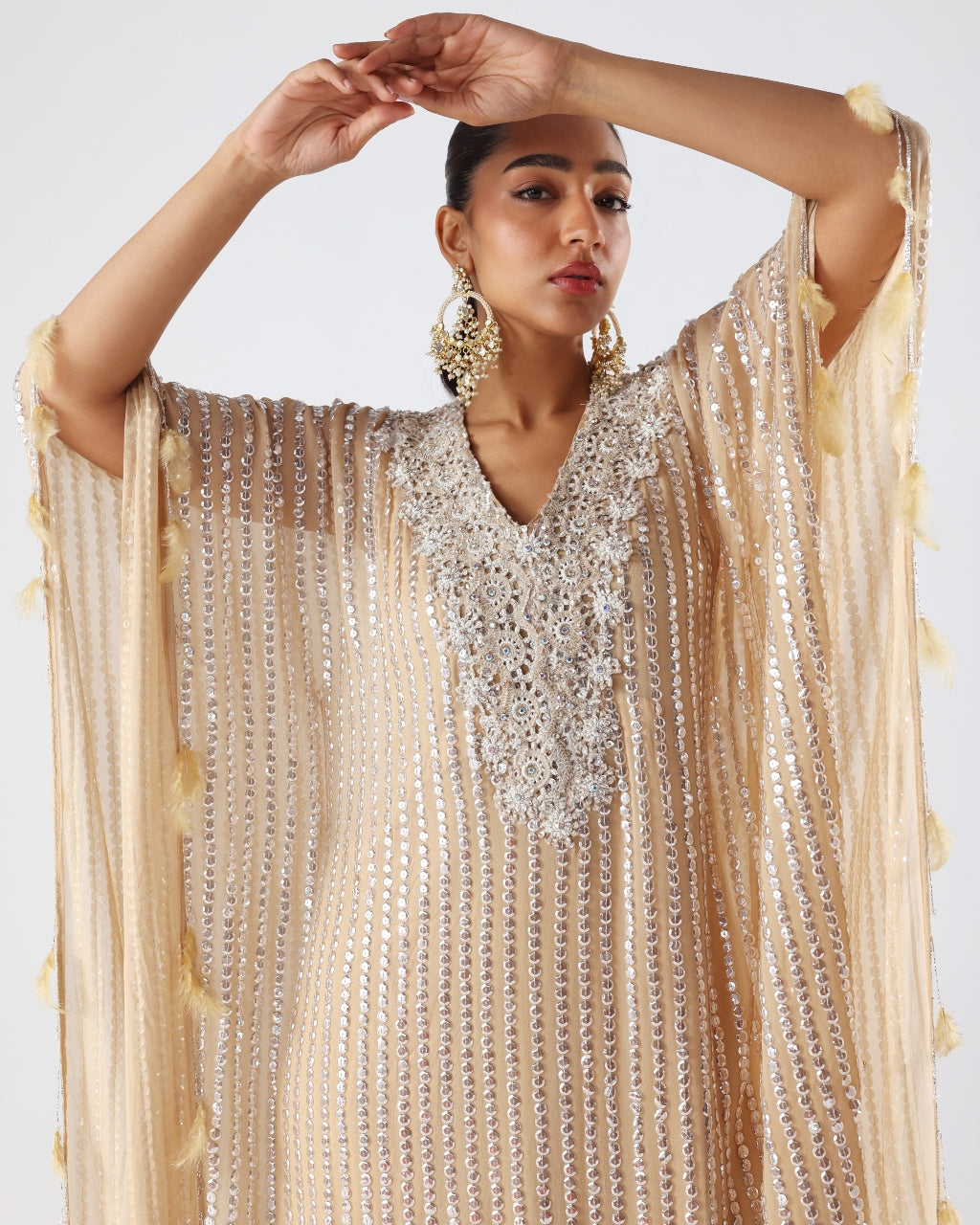 Elegant Beige French Sequin Kaftan Dress for Women - Perfect for Beach Parties, Weddings & Summer Vacations