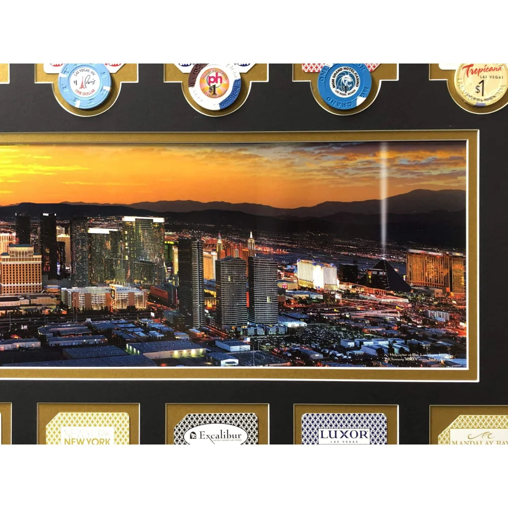 Authentic Las Vegas Hotel Casino Playing Cards & Poker Chips Collage - Framed Wall Art for Game Room Decor (Set of 10) - Perfect for Poker Lovers, Man Cave, and Casino Themed Home Decor