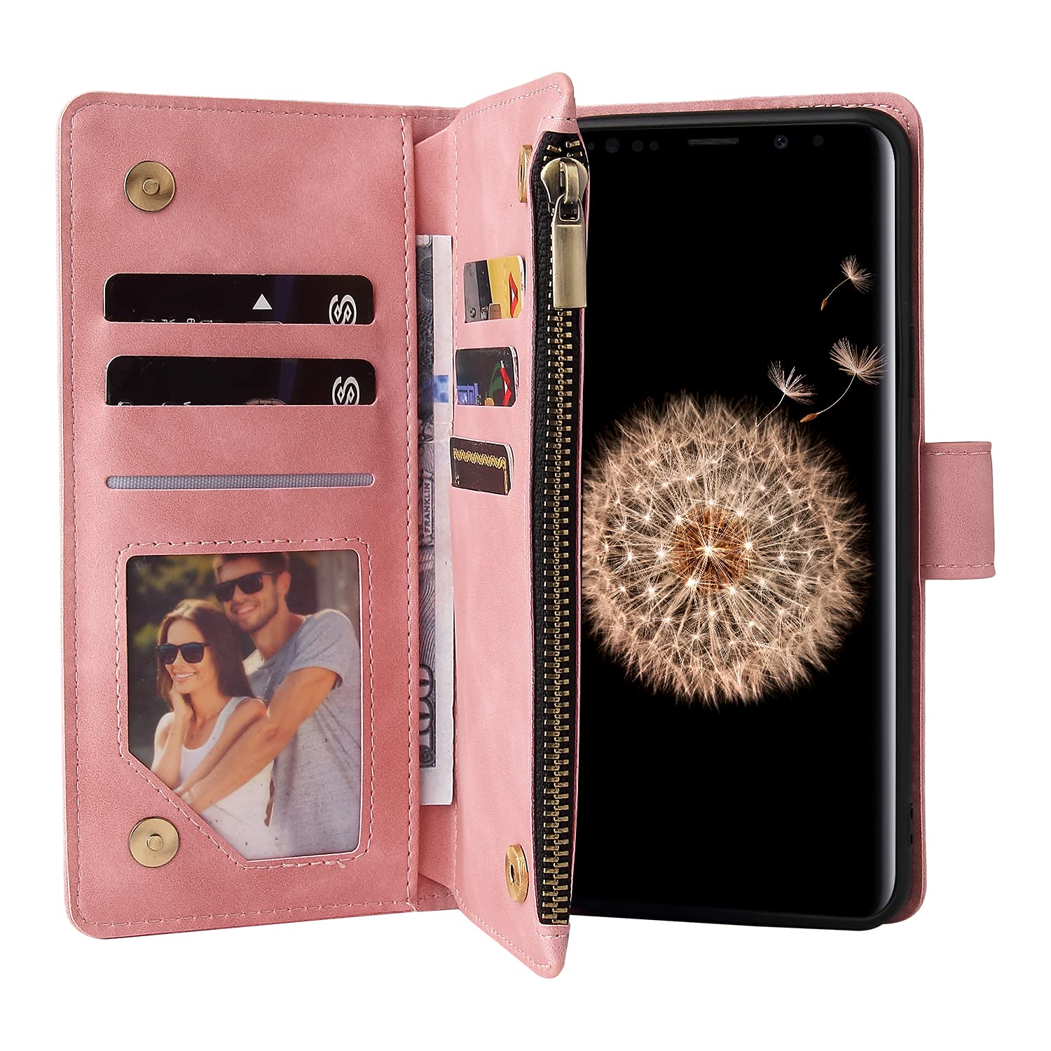 Premium PU Leather Wallet Case for Samsung Galaxy S9 - Magnetic Closure, Card Slots & Kickstand | Women's Handbag Style with Zipper Pocket & Hand Strap (Pink) - Perfect for Daily Use, Travel & Shopping
