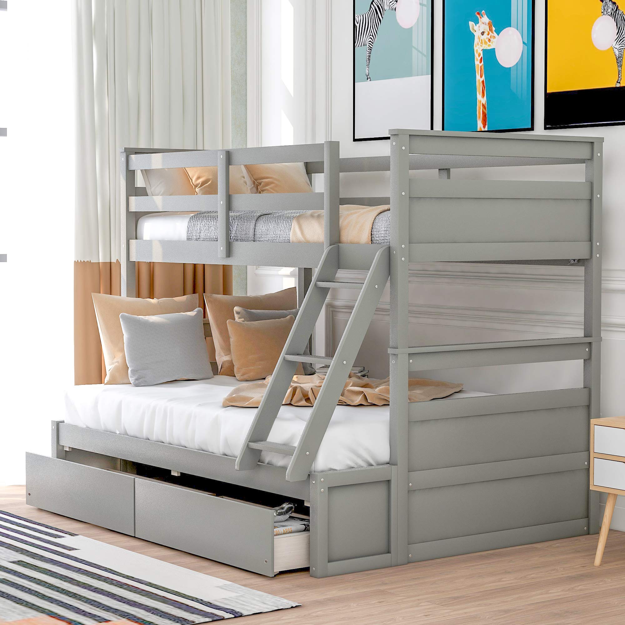 Solid Wood Twin Over Full Bunk Bed with Storage - Convertible to 2 Beds for Kids & Adults - Space-Saving Bedroom Solution