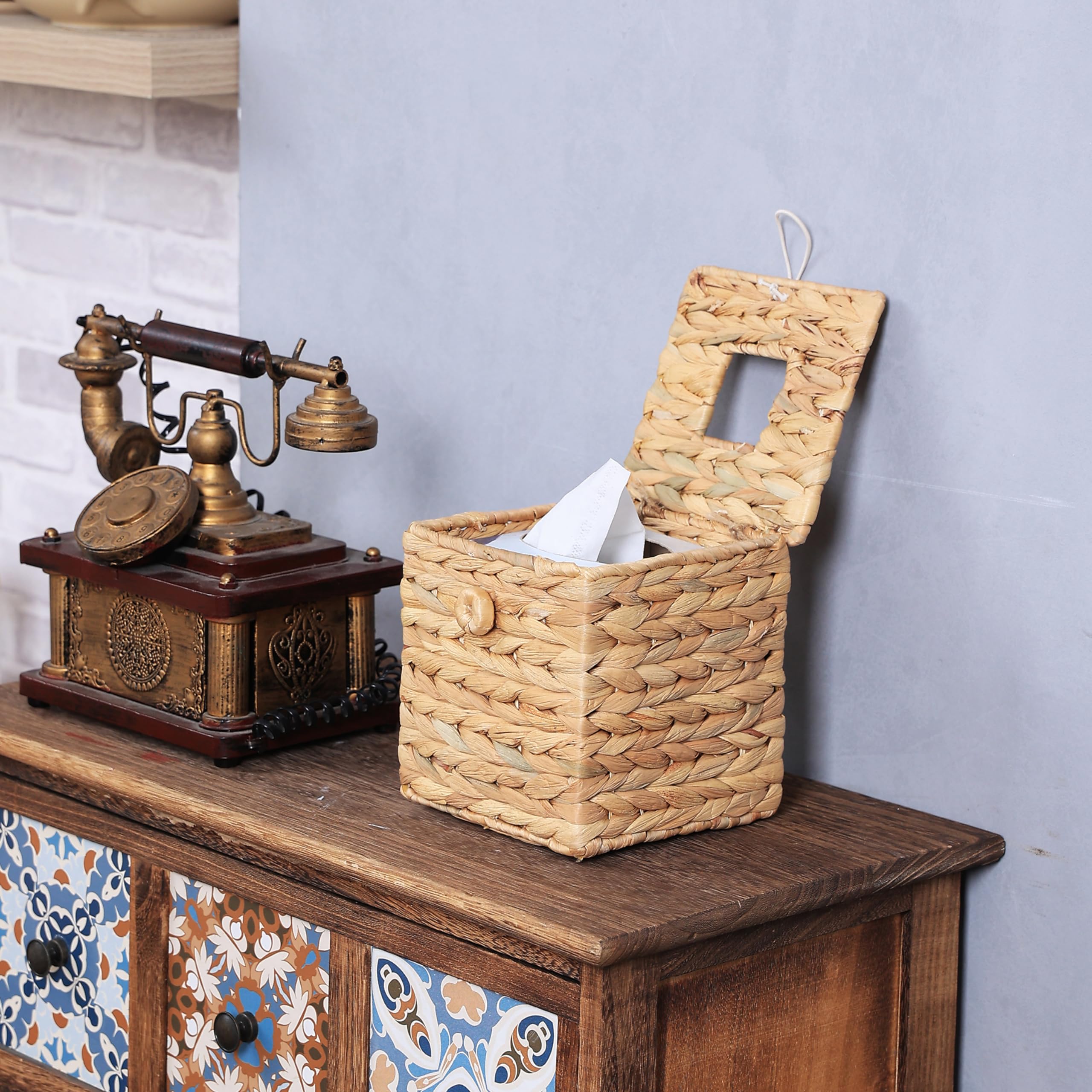 Rattan Wicker Tissue Box Cover with Flip-Open Top - Square Boho Decorative Woven Facial Tissue Holder for Bathroom, Living Room, Bedroom & Office Desk Organizer