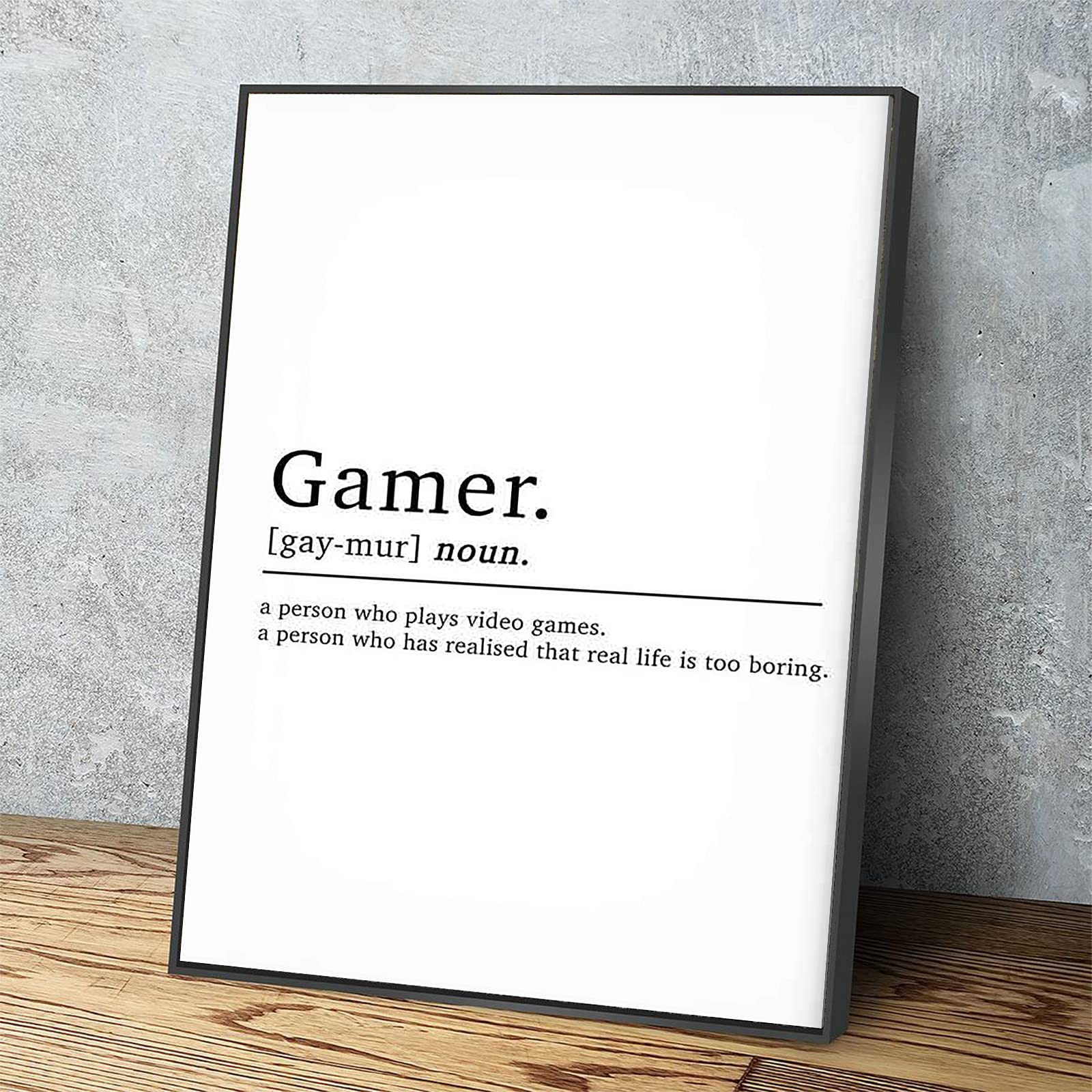 MUSAPILUX Modern Black Metal Framed Canvas Wall Art - Gamer Definition Print for Boys Bedroom, Home Office & Apartment Decor - Ready to Hang 12x8 Inch - Perfect for Gaming Rooms, Teen Spaces & Man Cave Wall Decor