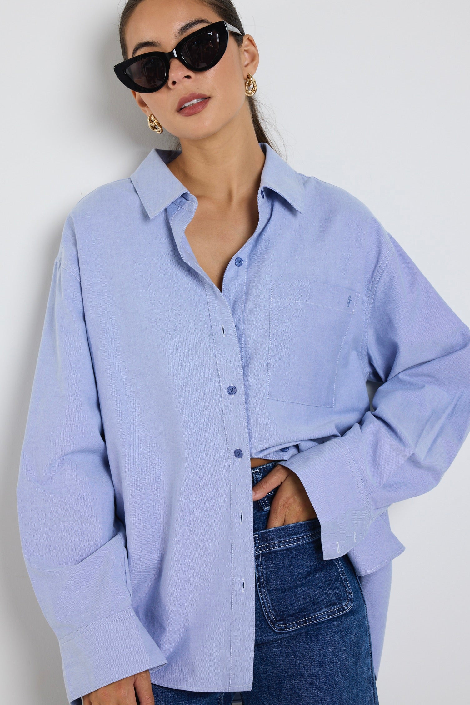 Signature Blue Oxford Oversized Shirt for Women - Classic Button Down Long Sleeve Blouse - Perfect for Office, Casual Wear & Layering