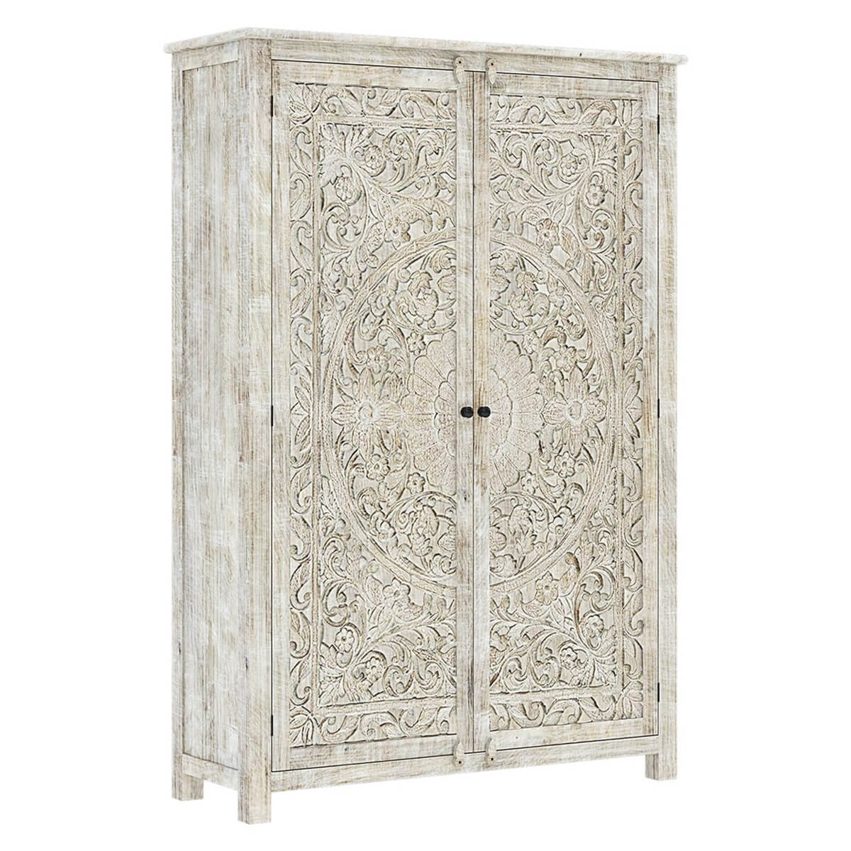 Hand Carved Indian Solid Wood Large White Wardrobe Cabinet - Vintage Style Storage for Bedroom, Living Room & Guest Room