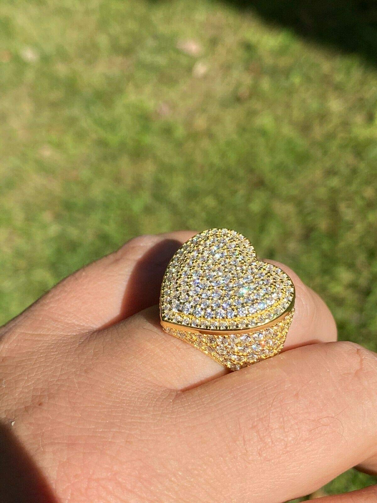 14K Gold Plated 925 Sterling Silver Heart Shaped Hip Hop Iced Out Ring with Cubic Zirconia - Size 7-13 - Perfect for Valentine's Day, Anniversary Gifts & Streetwear Fashion