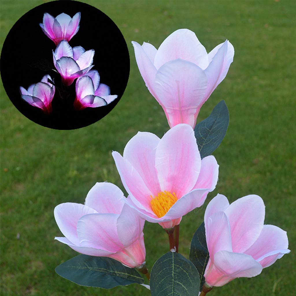 Lazapa 4-Head Solar Garden Stake Lights - Color Changing LED Outdoor Solar Lights with Artificial Magnolia Flowers for Garden, Patio, Yard & Pathway Decoration (Pink) | Weather-Resistant Solar-Powered Landscape Lighting for Evening Ambiance