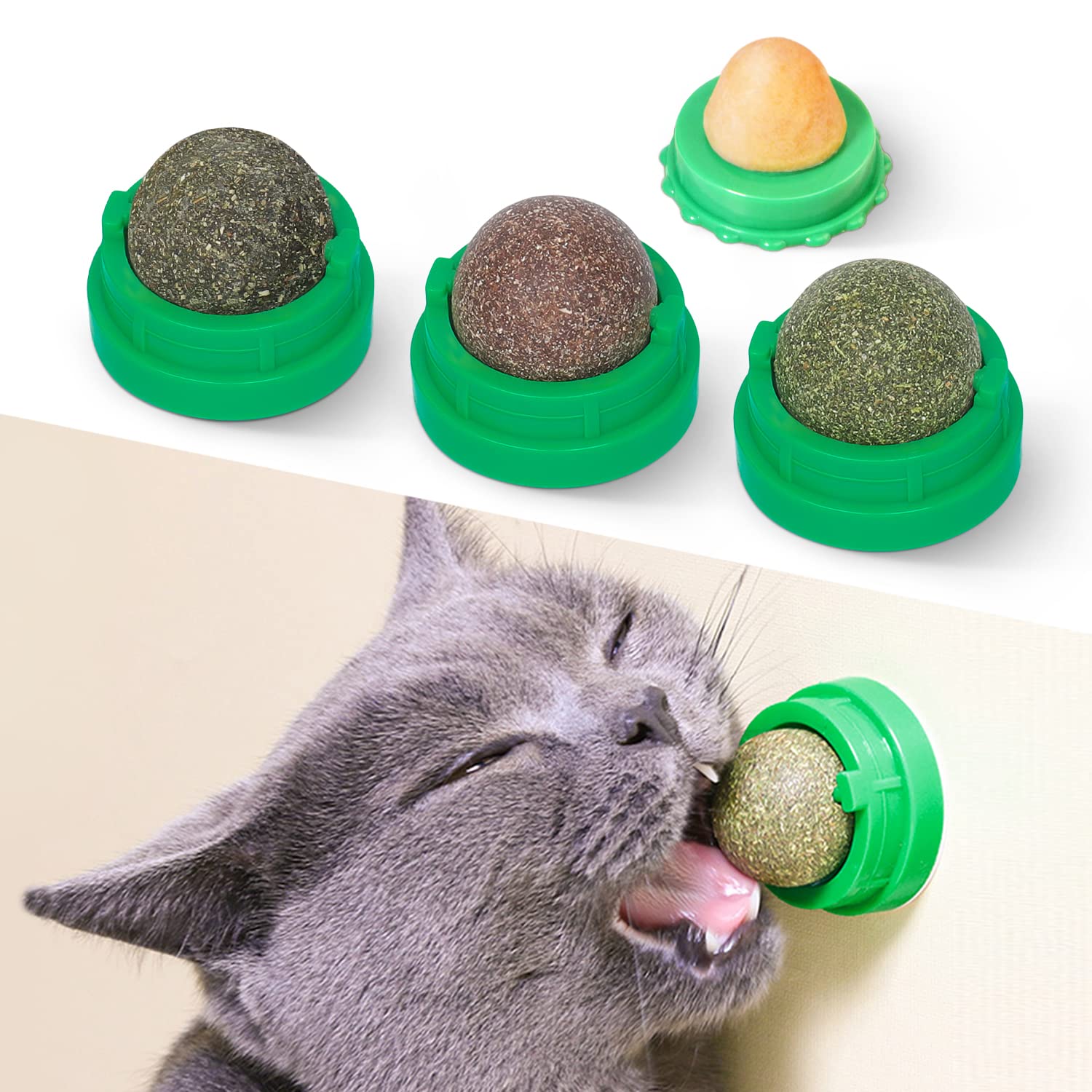 **Potaroma 4-Pack Catnip Toys Balls for Kittens – Edible Silvervine Dental Chew Toys for Cats, Healthy Teeth Cleaning & Energy Play – Green Cat Wall Treats (Great for Playtime & Stress Relief)**