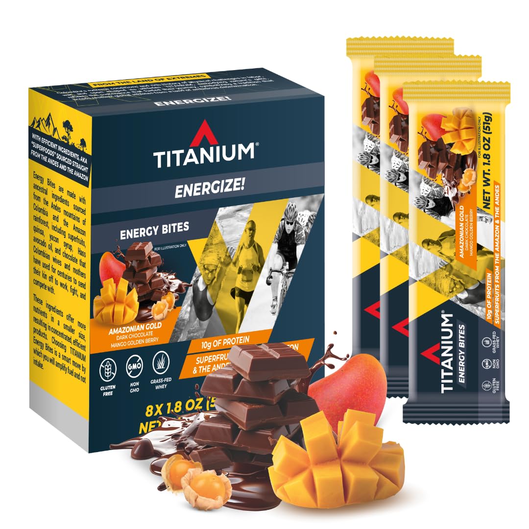 TITANIUM Protein Energy Bars - 10g Protein, Gluten Free, Non GMO, with Dried Superfruits & Quinoa - Healthy Chocolate Chip Snack Bars for Hiking, Camping & Breakfast - 8 Count Pack - Alternative to Cliff Bars