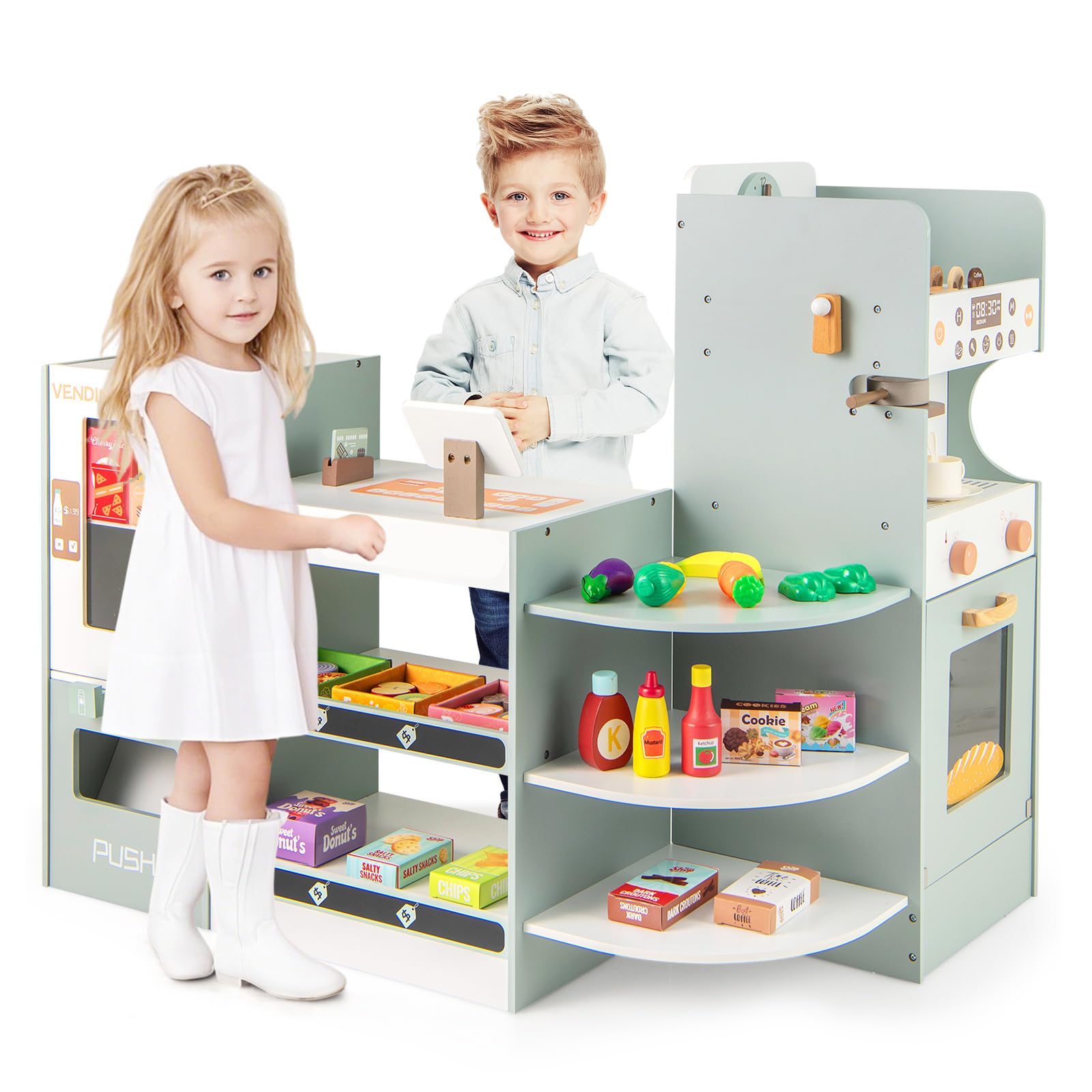 INFANS Wooden Grocery Store Playset for Kids - Supermarket Pretend Play with Cash Register, Coffee Machine, Vending Machine & Play Food Accessories - Educational Toy Gift for Toddler Boys & Girls - Perfect for Role Play, Classroom Learning & Birthday Gifts