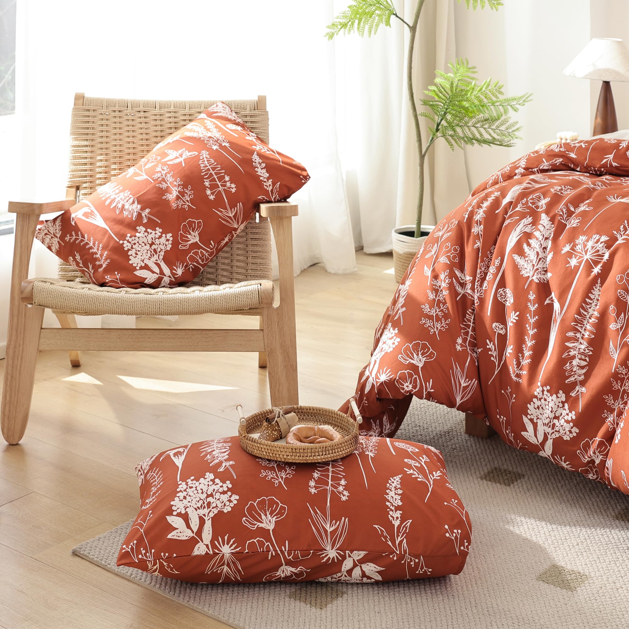 JANZAA Twin Comforter Set - 3 Piece Floral Bedding with Reversible Botanical Design, Soft Terracotta Comforter & Pillow Shams | Perfect for Guest Rooms, Dorm Decor & Cozy Bedroom Makeovers