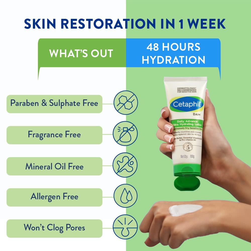 Cetaphil Daily Advance Ultra Hydrating Lotion for Dry & Sensitive Skin - Long Lasting Face & Body Moisturizer - 3.5 oz (100g) - Ideal for Daily Skincare Routine & Winter Hydration