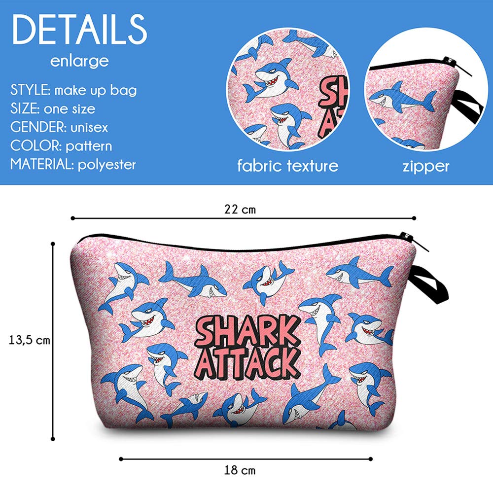 Waterproof Allover Print Makeup Bag - Large Cosmetic Organizer Pouch for Women, Travel Toiletry Bag, Cute Shark Attack Design - Perfect for Travel, Gym & Daily Essentials Storage