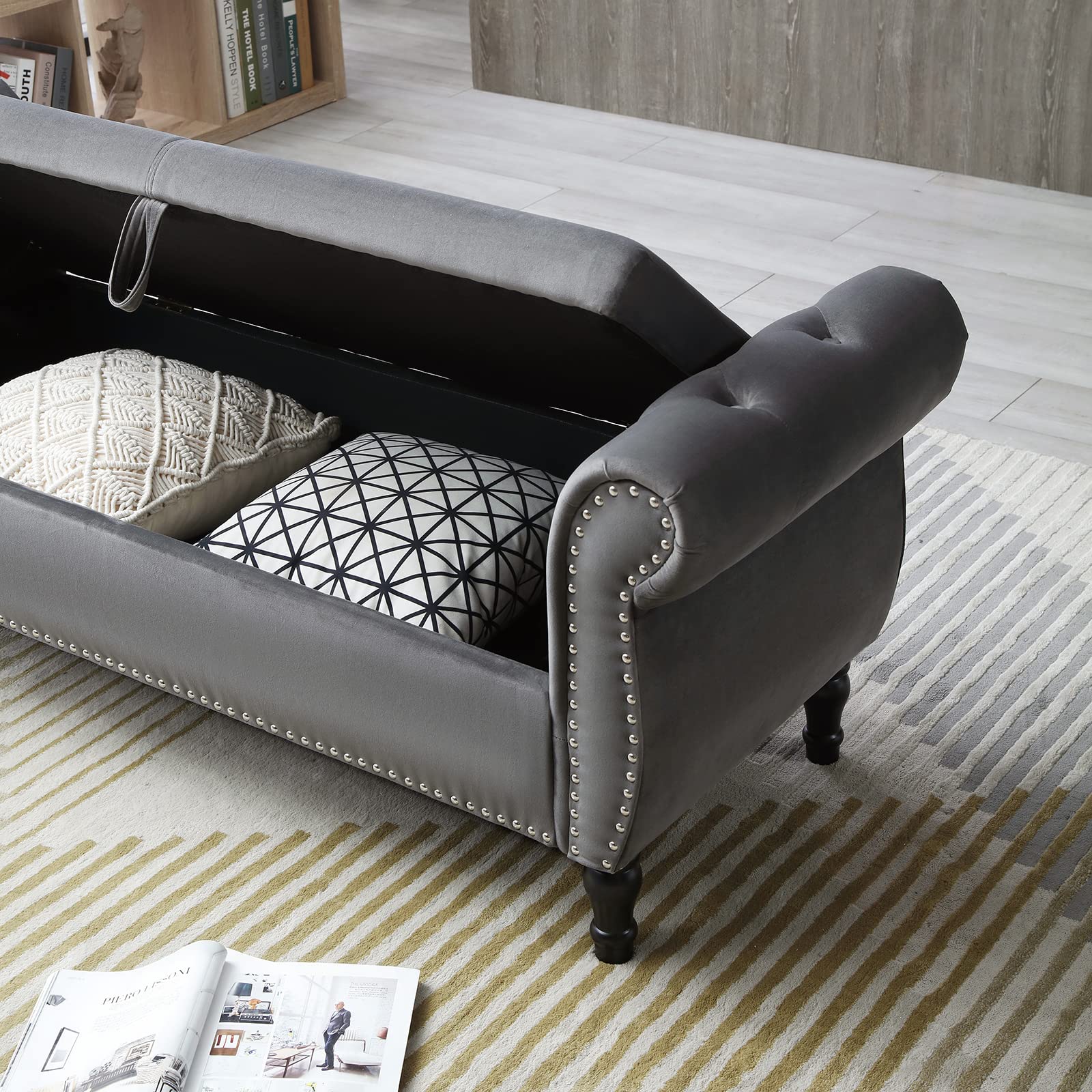 Polibi Velvet Upholstered Storage Bench with Rolled Arms & Button Tufted Design - Long Ottoman for Bedroom, Living Room & Window Seat - Grey - Perfect for Extra Seating, Storage & Home Decor