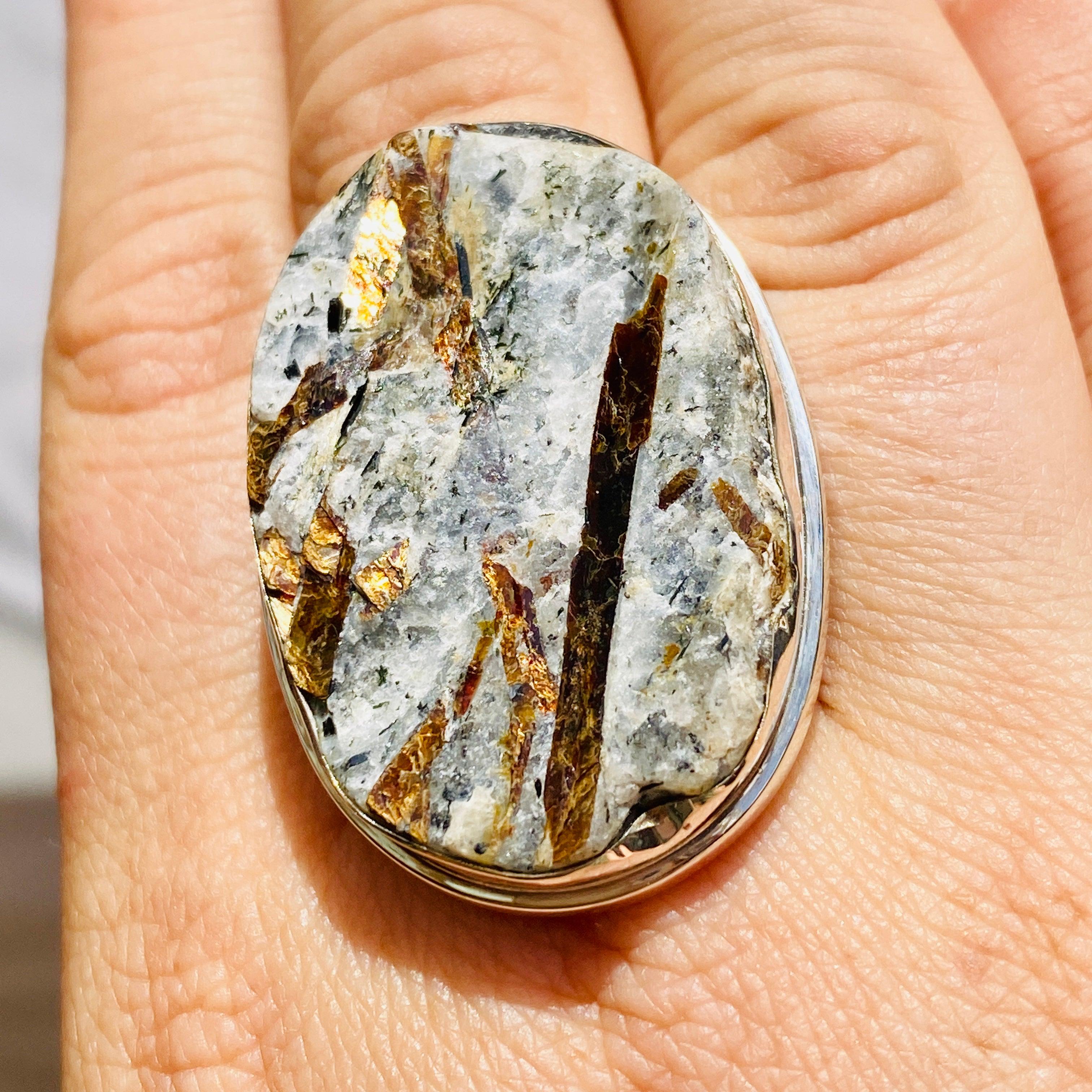 Golden Astrophyllite Oval Ring with Split Band - Size 10 - KRGJ1480 - Elegant Jewelry for Women, Perfect for Weddings, Parties & Gifts