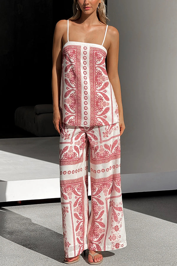 Stylish Printed Loose Casual Tank Top with Elastic Waist Wide Leg Pants Set - Women's Summer Outfit for Beach, Travel & Daily Wear