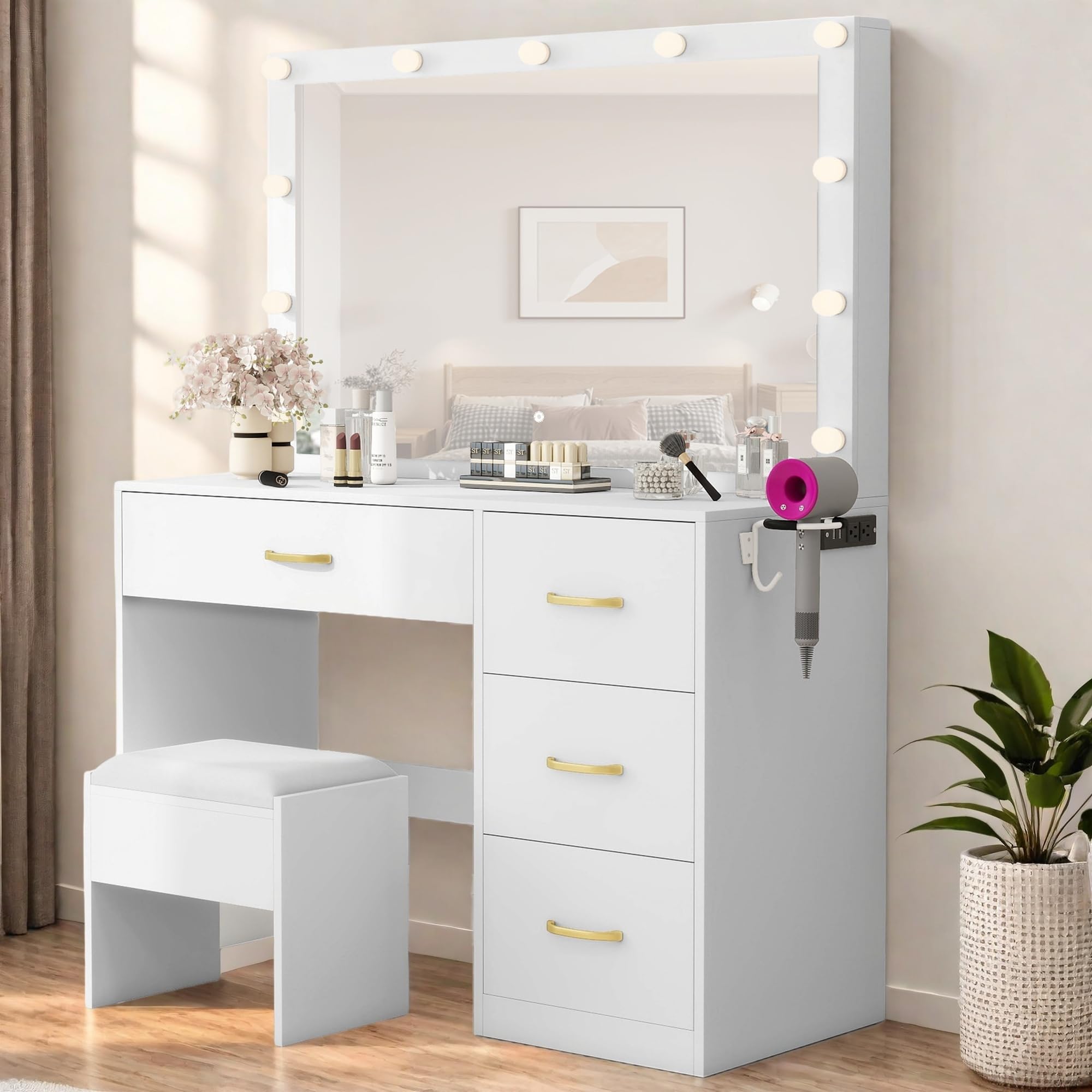 DWVO Makeup Vanity with LED Lighted Mirror, Vanity Desk with Power Strip & Adjustable Brightness, 4 Storage Drawers & Cushioned Stool - Perfect for Home Beauty Salon, Dressing Room & Bedroom Decor