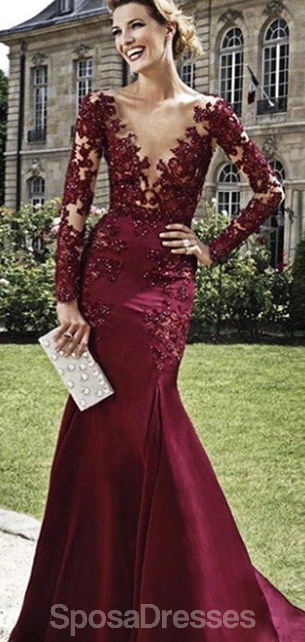 Elegant Maroon Long Sleeve Scoop Neck Lace Mermaid Prom Dress for Evening Parties & Formal Events | Perfect for Homecoming, Wedding Guest & Special Occasions
