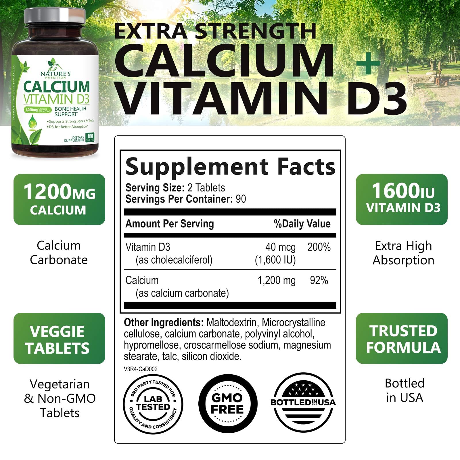 1200mg Calcium with Vitamin D3 Supplement - Supports Bone Strength, Teeth & Immune Health - Absorbable Calcium Carbonate for Women & Men - 180 Tablets - Ideal for Daily Bone Support & Healthy Aging