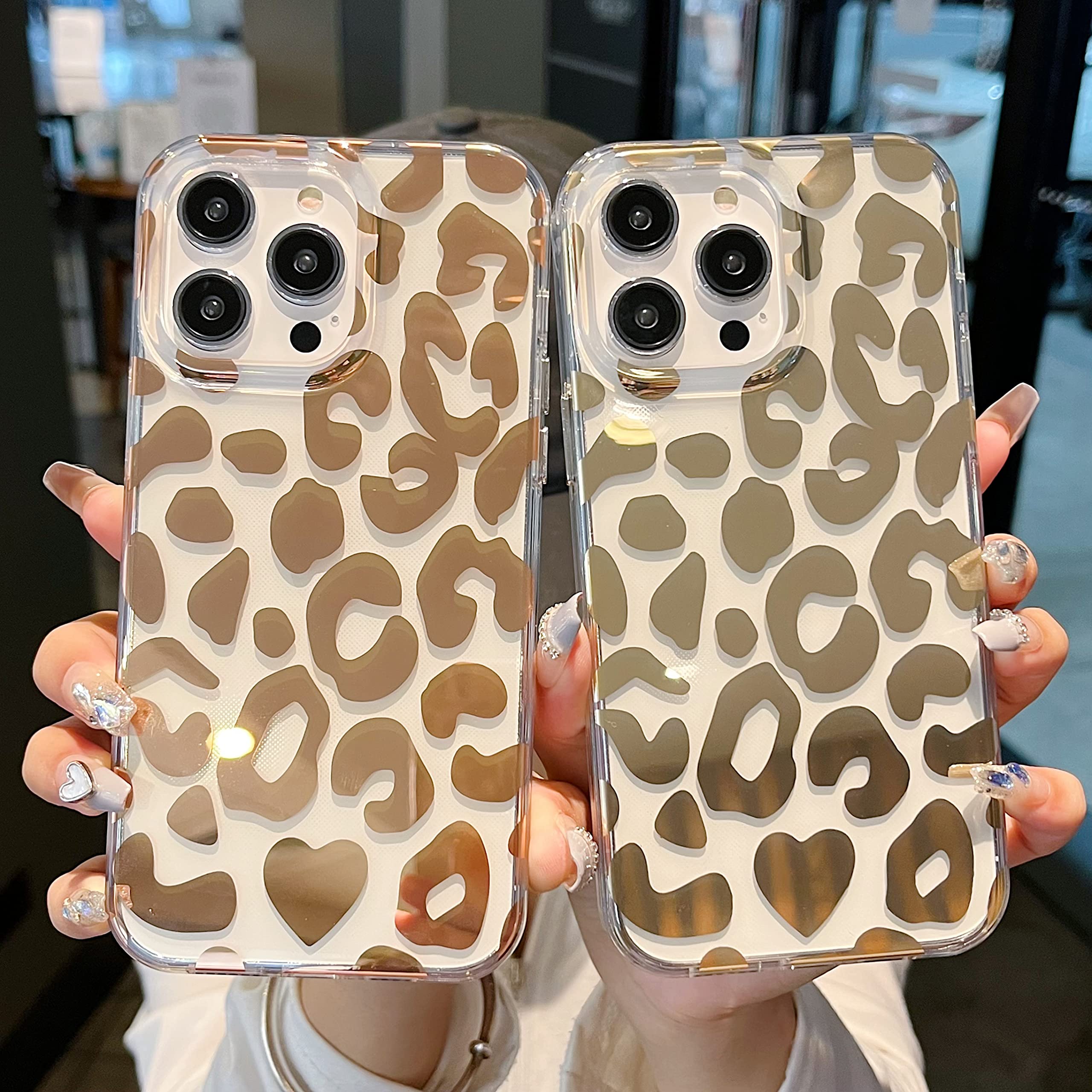 Jmltech iPhone 13 Pro Max Case 6.7 Inch - Clear Slim Glitter Leopard Floral Hybrid Design with Shockproof Drop Protection | Hard Back & Silicone Bumper | Perfect for Everyday Use, Travel & Outdoor Activities (Clear Gold)