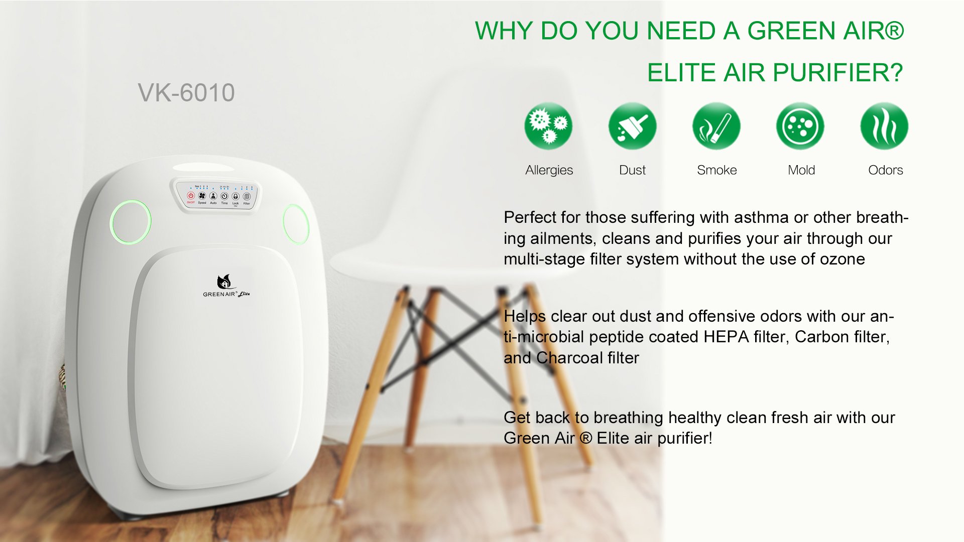 Green Air Elite HEPA Air Purifier with IonCluster Technology - 600 Sq Ft Coverage for Large Rooms | Removes Allergens, Pet Dander, Odors, Mold, Dust, Germs & Smoke | Ideal for Home, Office & Bedroom Air Purification