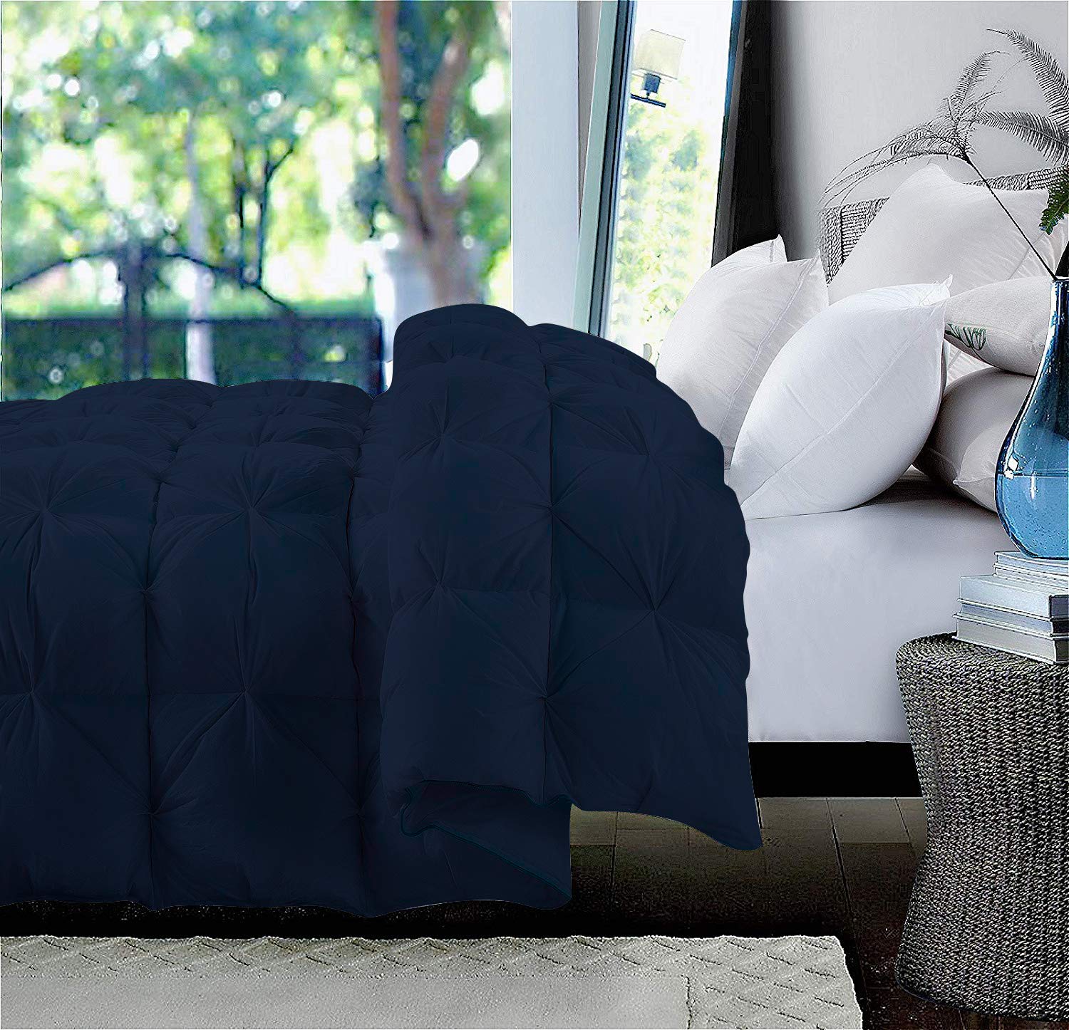 Premium 1000 Thread Count 100% Egyptian Cotton Half Piece Pinch Pleated Comforter - Super Soft King/California King Size Navy Blue - Perfect for Luxury Bedrooms & Hotel-Style Comfort
